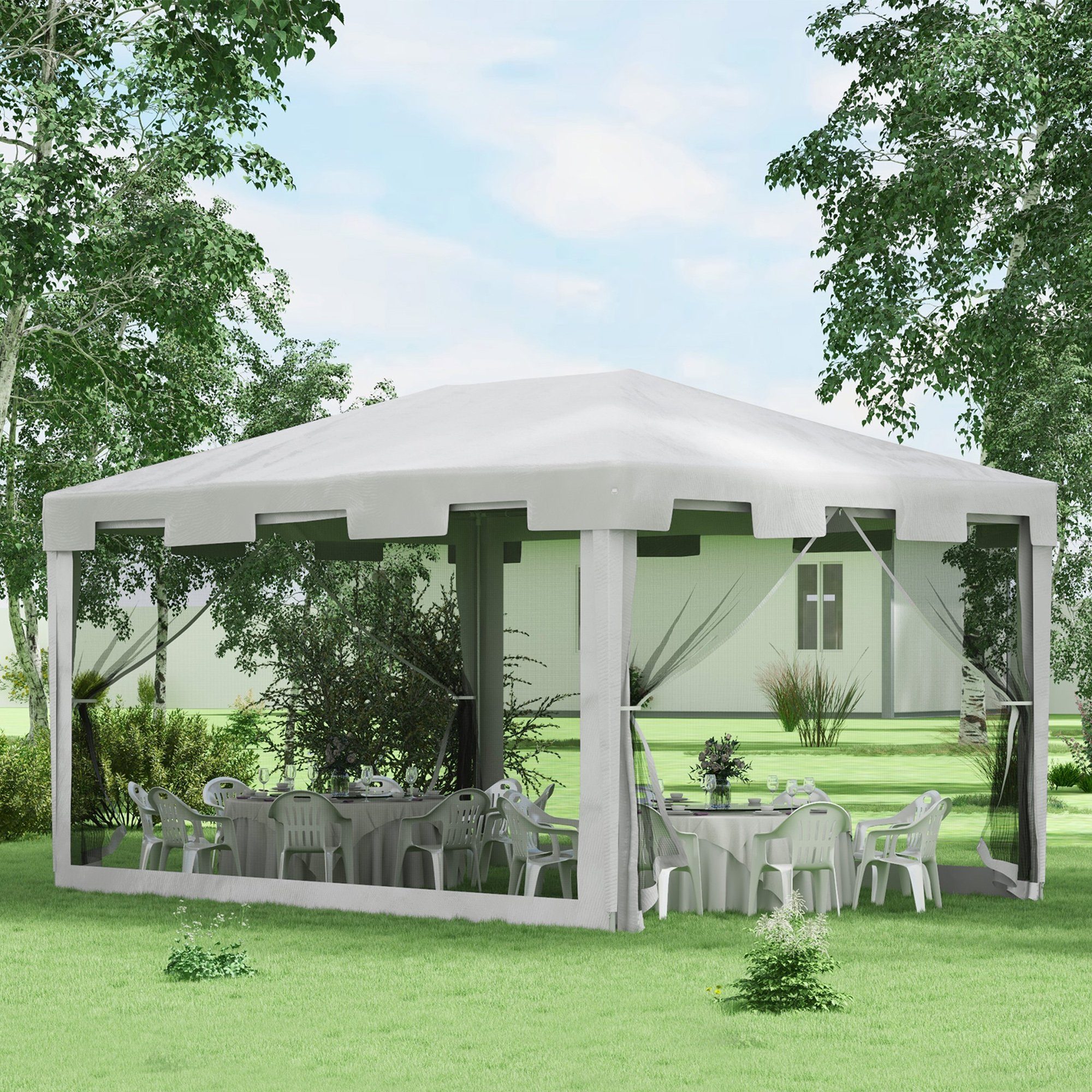 Outsunny Pavillon 4x3m, Rechteckig, mit Moskitonetz, 4 Seitenteile, mit 4 Seitenteilen, (Stabil Winterfest Partyzelt, Gartenzelt), für Camping Garten, Weiß