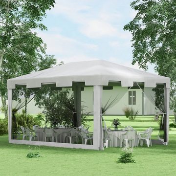 Outsunny Pavillon Partyzelt ca. 4 x 3 m Gartenpavillon mit Netz-Seitenwänden, mit 4 Seitenteilen, (Partyzelt, Festzelt), für Balkon, Terrasse, Metall, PE, Weiß