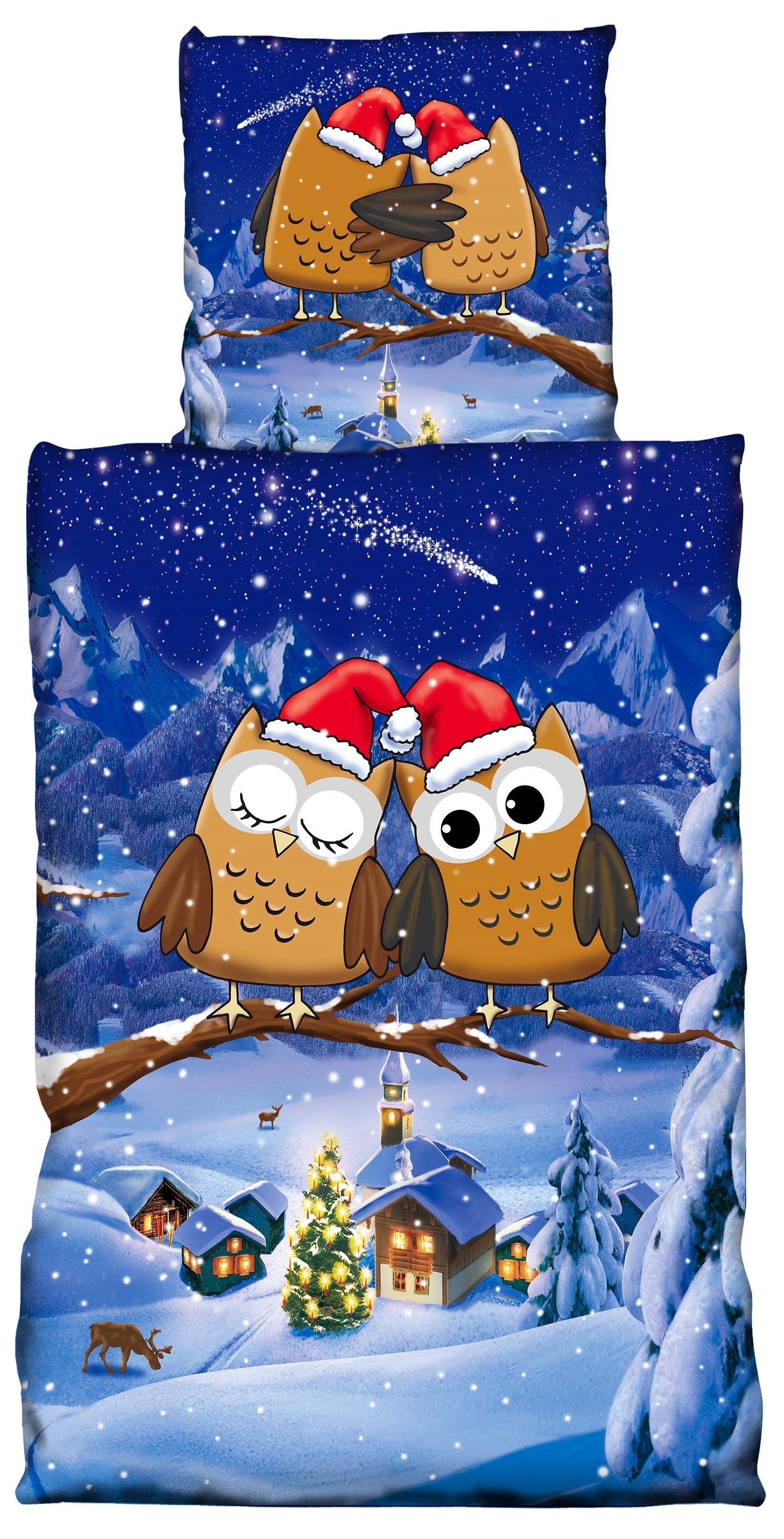 One Home Bettwäsche Winter Eulen, Fleece, 2 teilig, Різдво und Winterdorf, kuschelig flauschig warm weich Winter