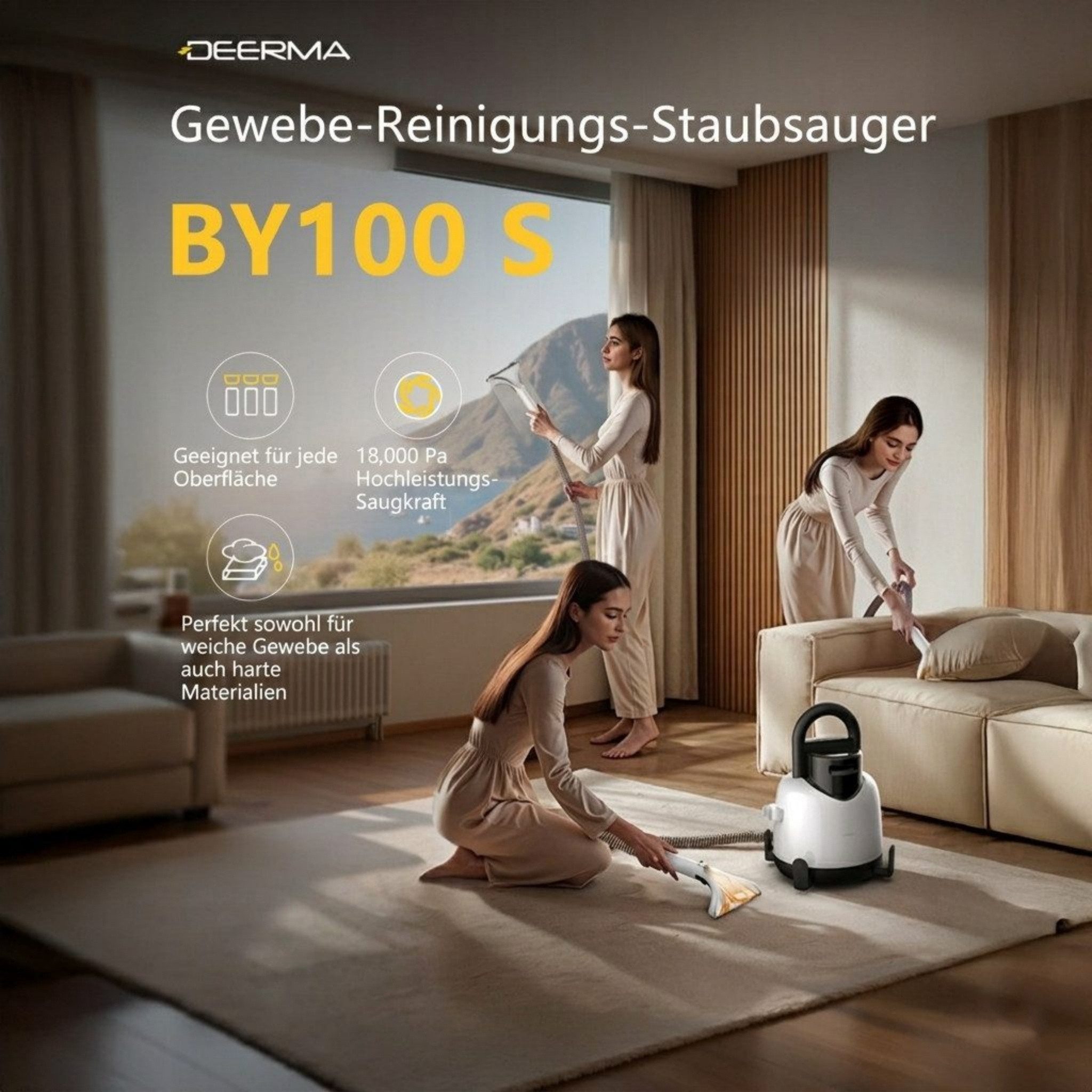 Deerma Teppichreinigungsgerät teppichreinigungsmaschine Polsterreiniger Nass- und Trockensauger 1,7L, 400 W, beutellos, für Sofa, Matratze, Auto, Selbstreinigung, Doppelwassertank, 18000Pa