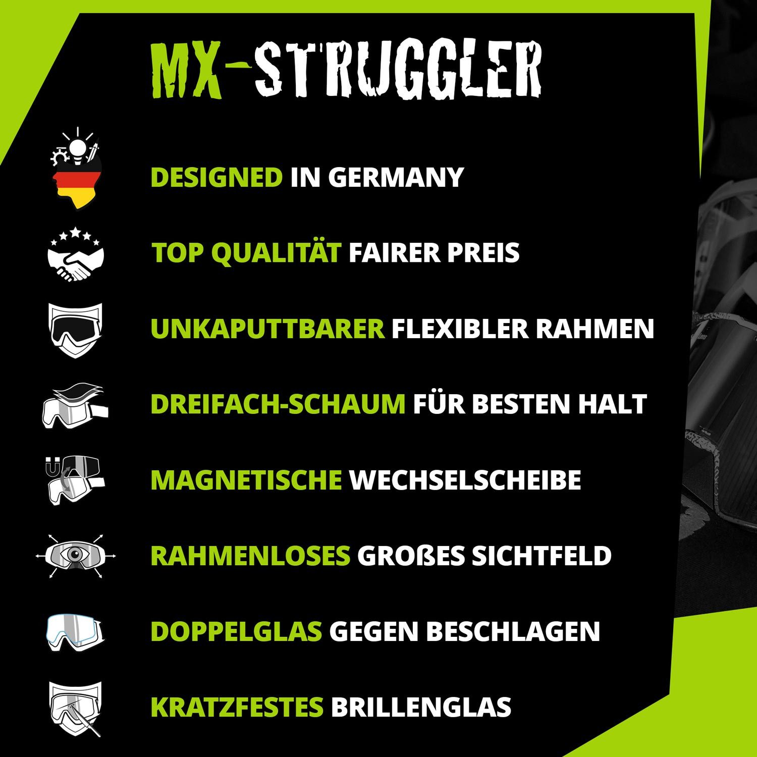 Broken Head Motorradbrille MX-Struggler Schwarz, Magnetisches Glas