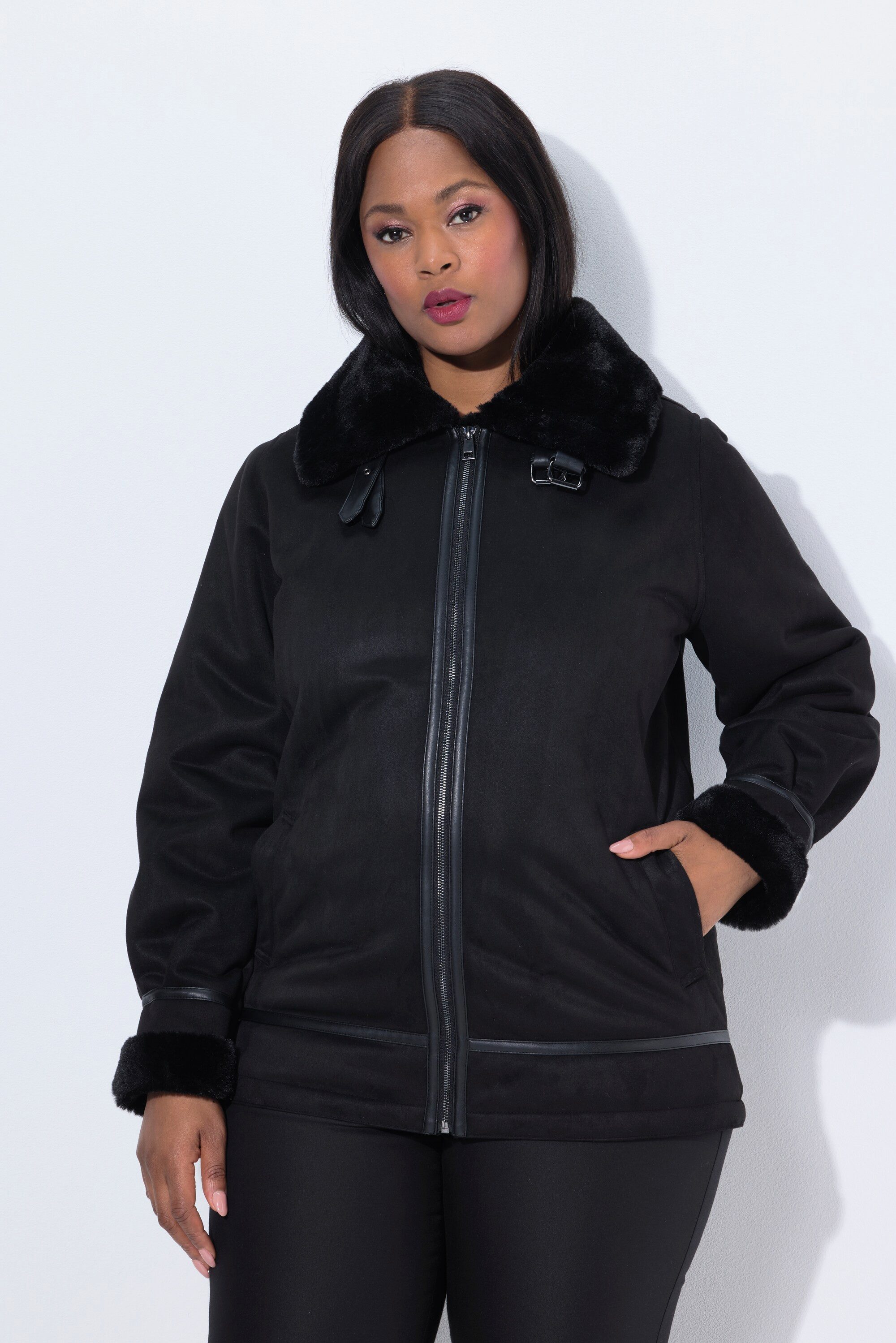 Ulla Popken Outdoorjacke Aviator-Jacke Shearling Lammfelloptik Kragen günstig online kaufen