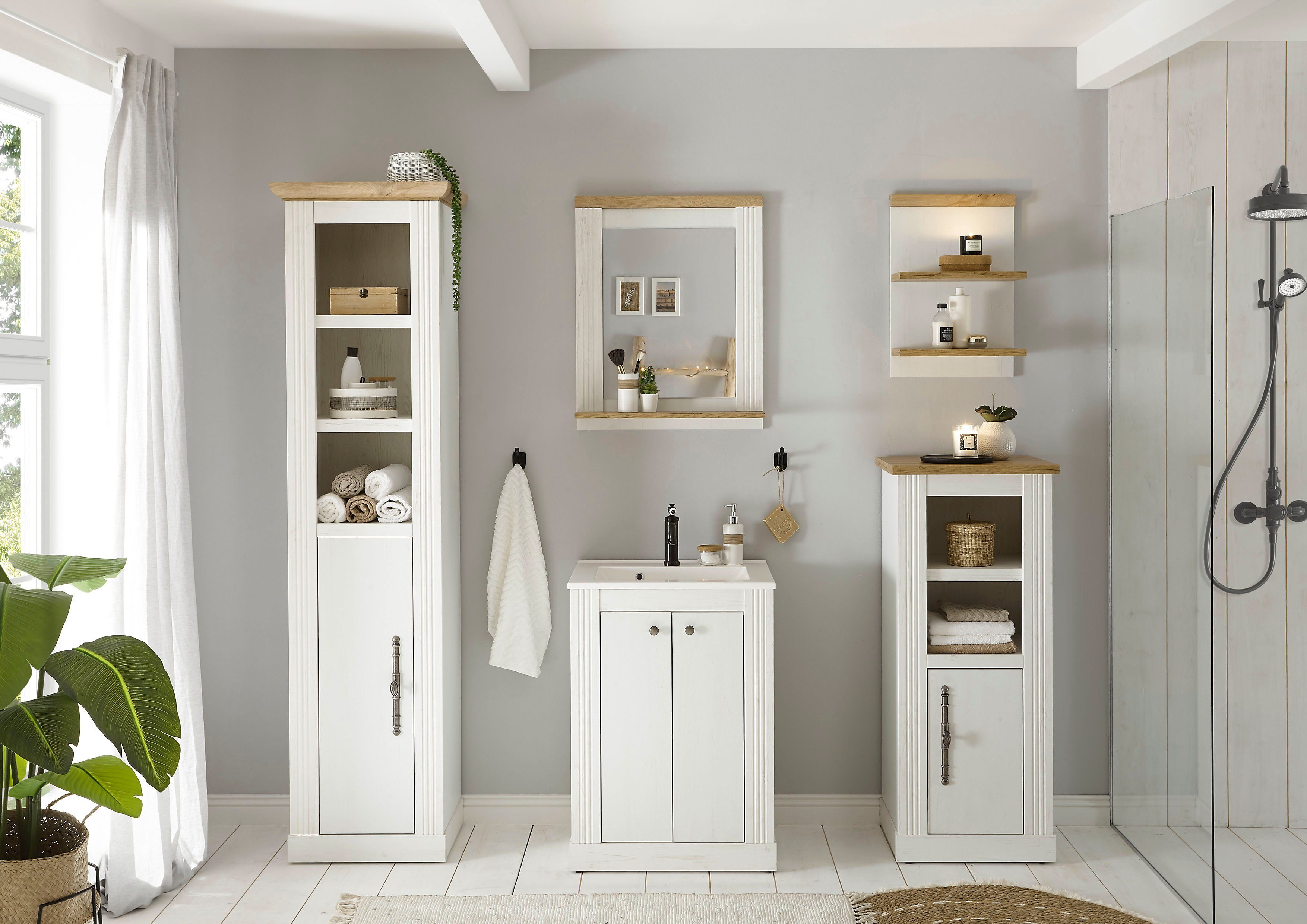 OTTO home Badmöbel-Set WESTMINSTER, Bad im Landhausstil, 5-teiliges Badezimmer, (5-St), Waschtisch, Spiegel, Midischrank, Regal, Hochschrank, Breite 200 cm