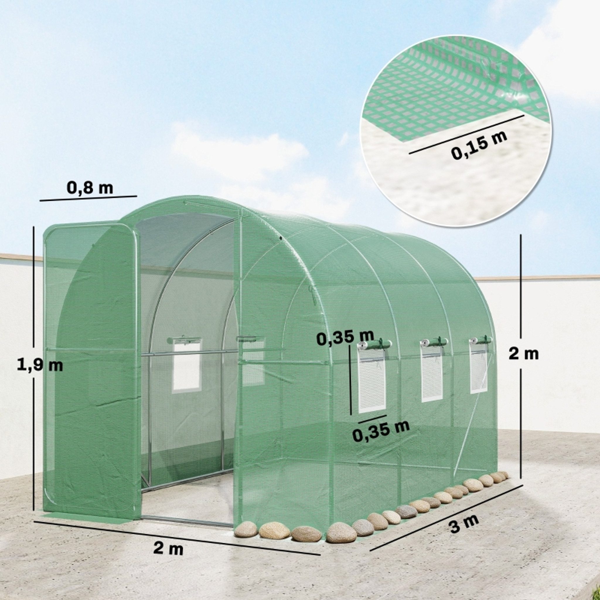 MC Star Gewächshaus Gewächshaus 3 x 2 x 2 m Foliengewächshaus, mit Abschließbar Anschlag-Tür 6 Rollbar Netzfenster Stützstangen