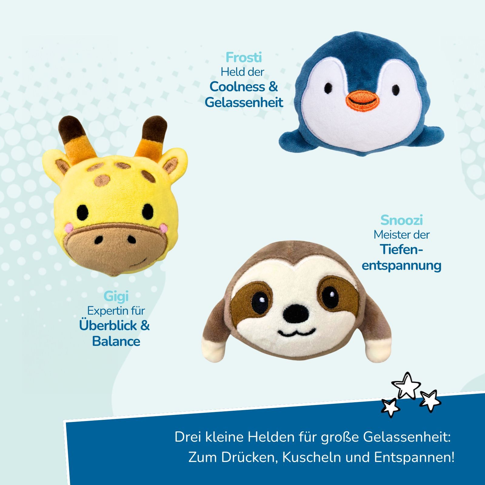 alldoro Plüschfigur 3er Set Plüsch Anti-Stress Bälle, Faultier, Pinguin & Giraffe, kuschelweiche Knautschbälle für Kinder, zum Drücken & Entspannen