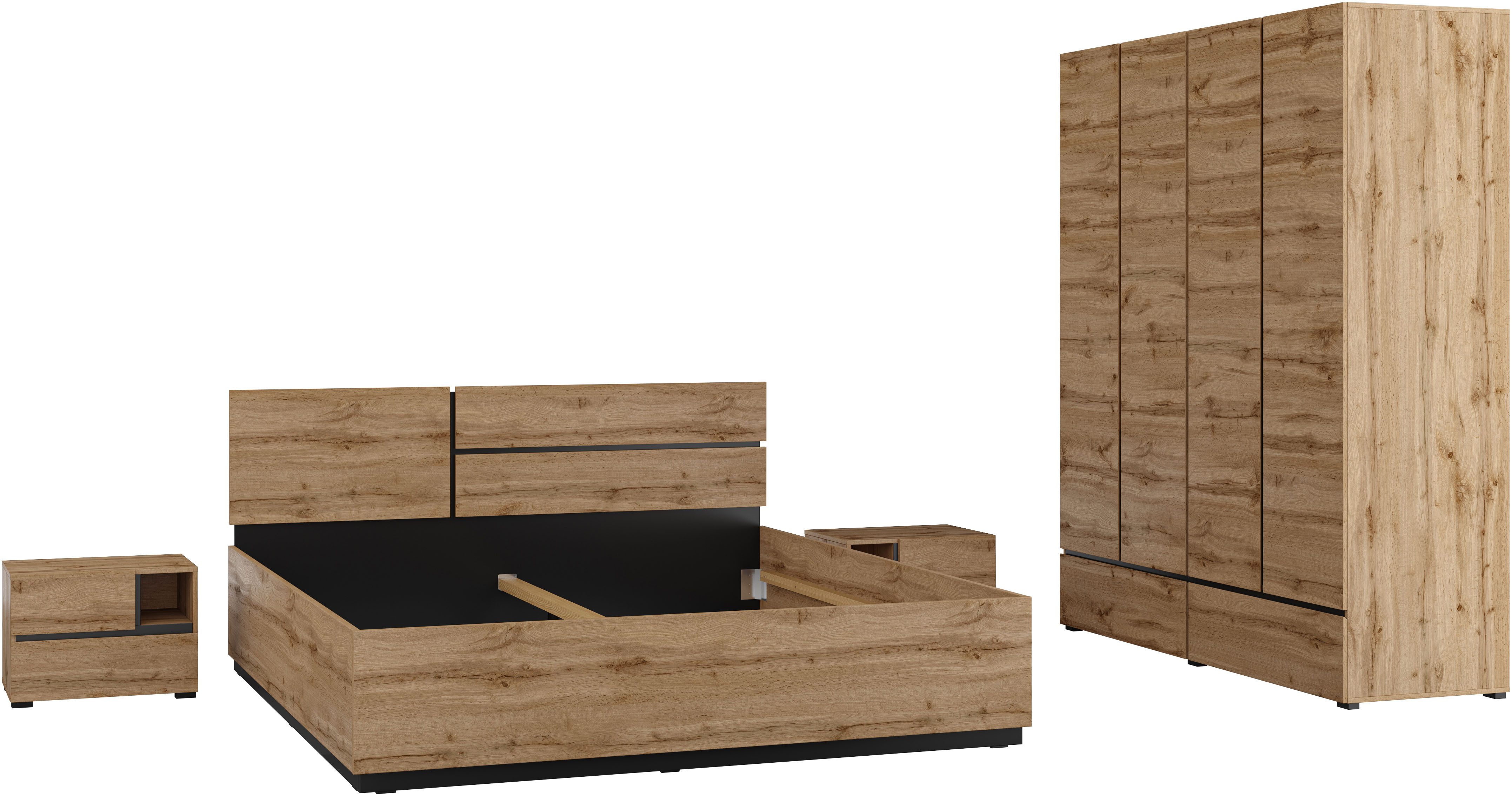 OTTO home Schlafzimmer-Set Cross, moderne, grifflose Optik, FSC-zertifiziert, (4-tlg., Bett 180x200cm, 2 Nachtkommoden, Schrank 2-oder 4-türig), Komplettschlafzimmer-Set