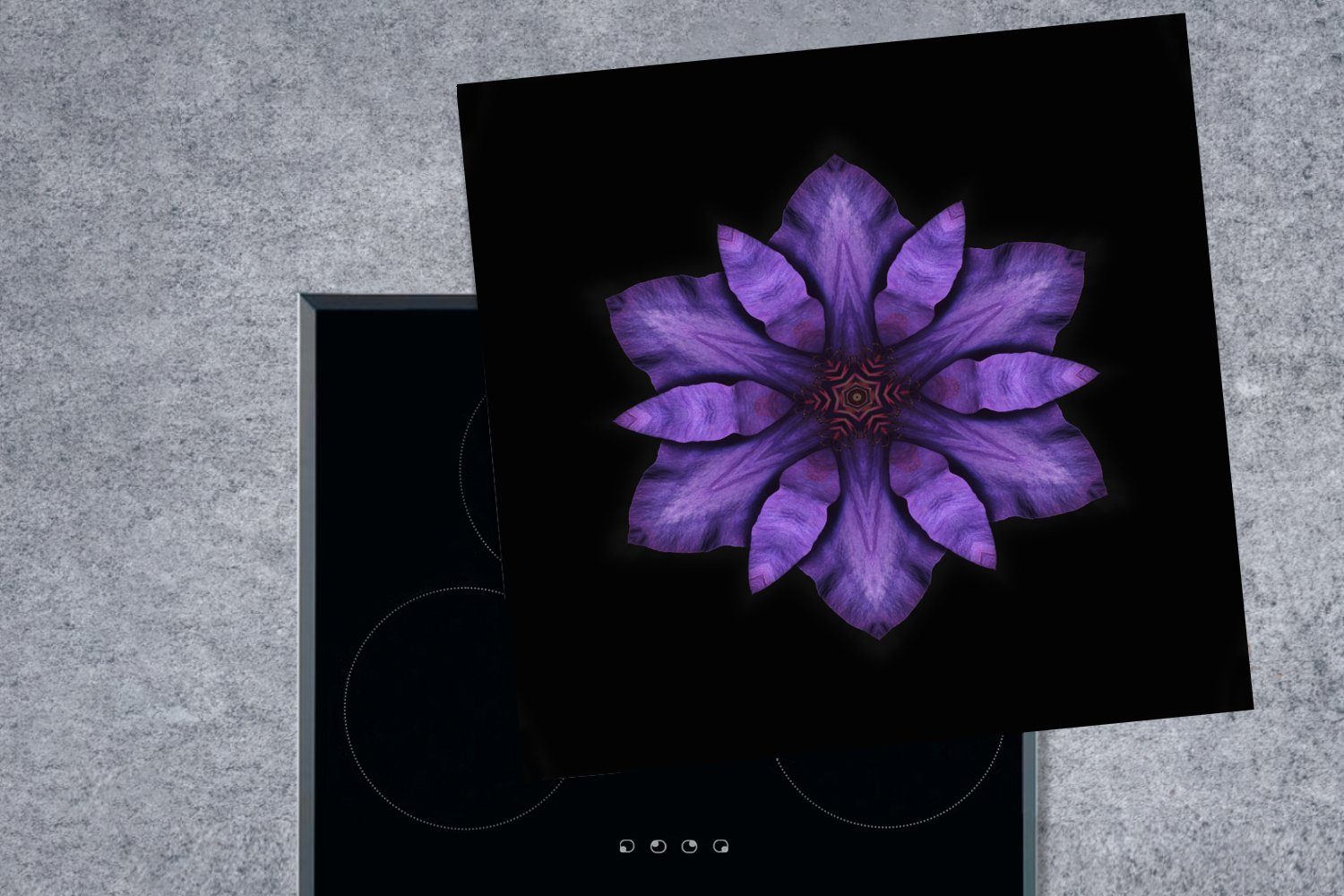 MuchoWow Herdblende-/Abdeckplatte Clematis 78x78 (1 Arbeitsplatte cm, Hintergrund, auf Ein für Vinyl, tlg), Mandala küche schwarzem Ceranfeldabdeckung, lila