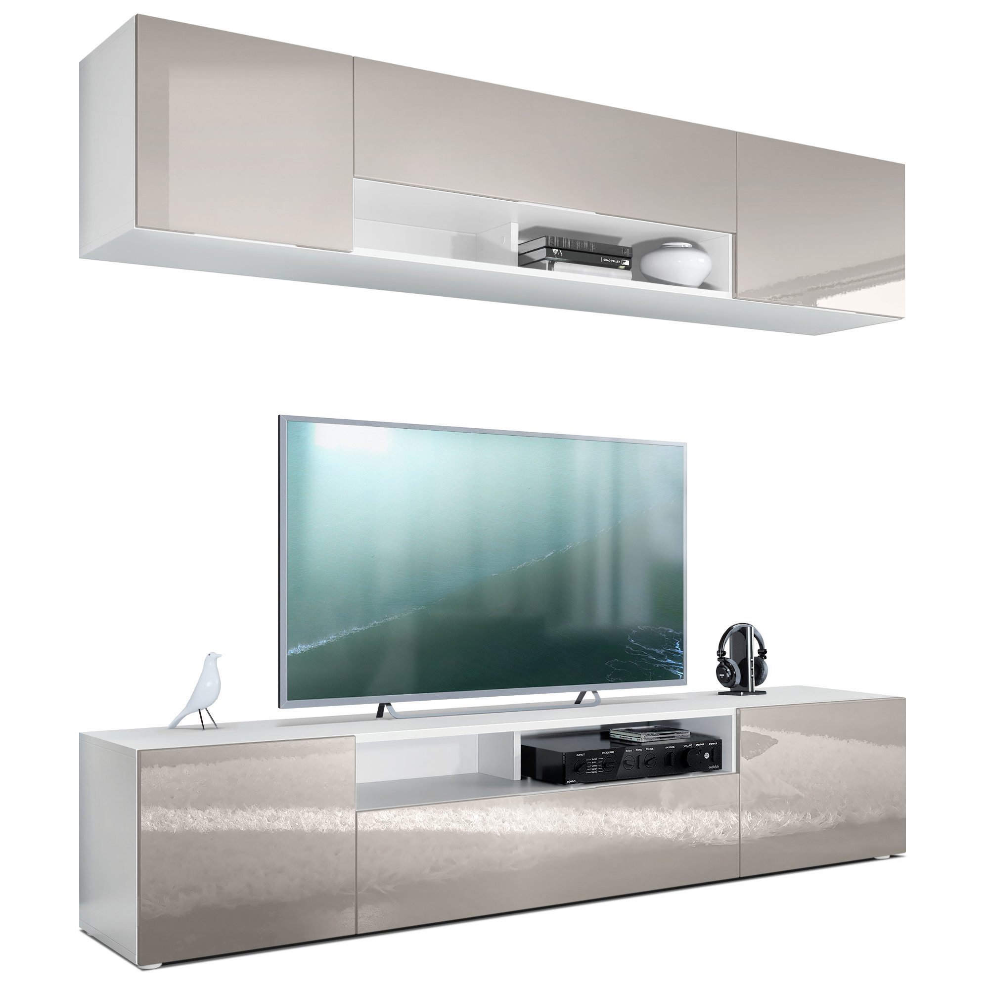 Vladon Wohnwand Mogan, (Anbauwand bestehend aus 2 TV-Boards, mit jeweils 2 Türen, 1 Klappe und 1 offenes Fach), Weiß matt/Sandgrau Hochglanz 2x (181 x 39 x 35 cm)