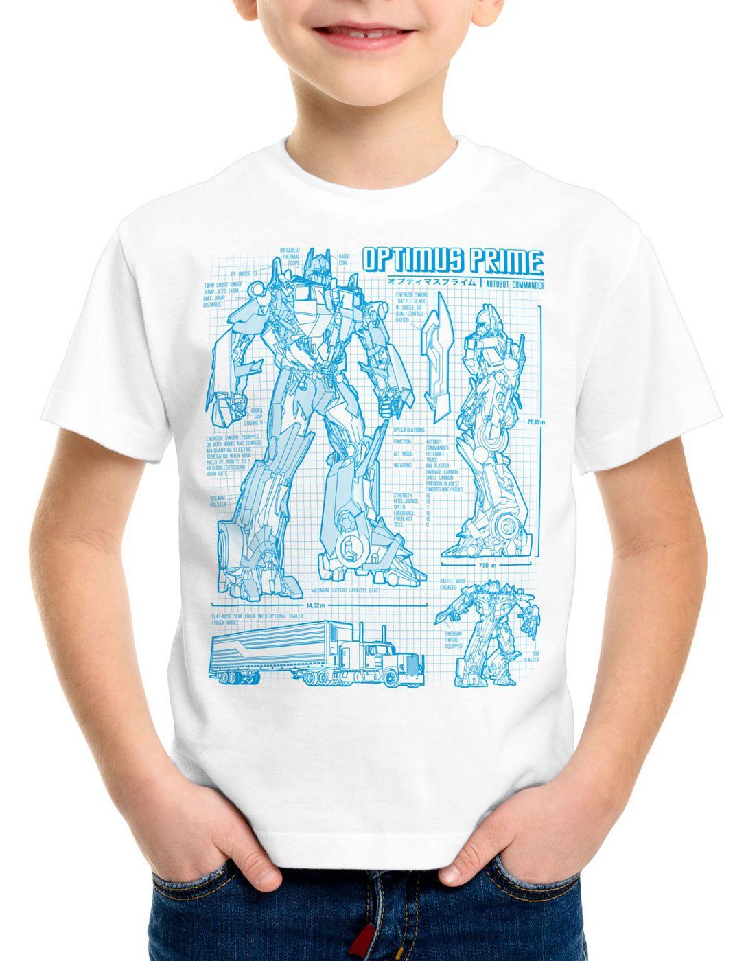style3 Print-Shirt Kinder T-Shirt Optimus Prime blaupause autobot weiß
