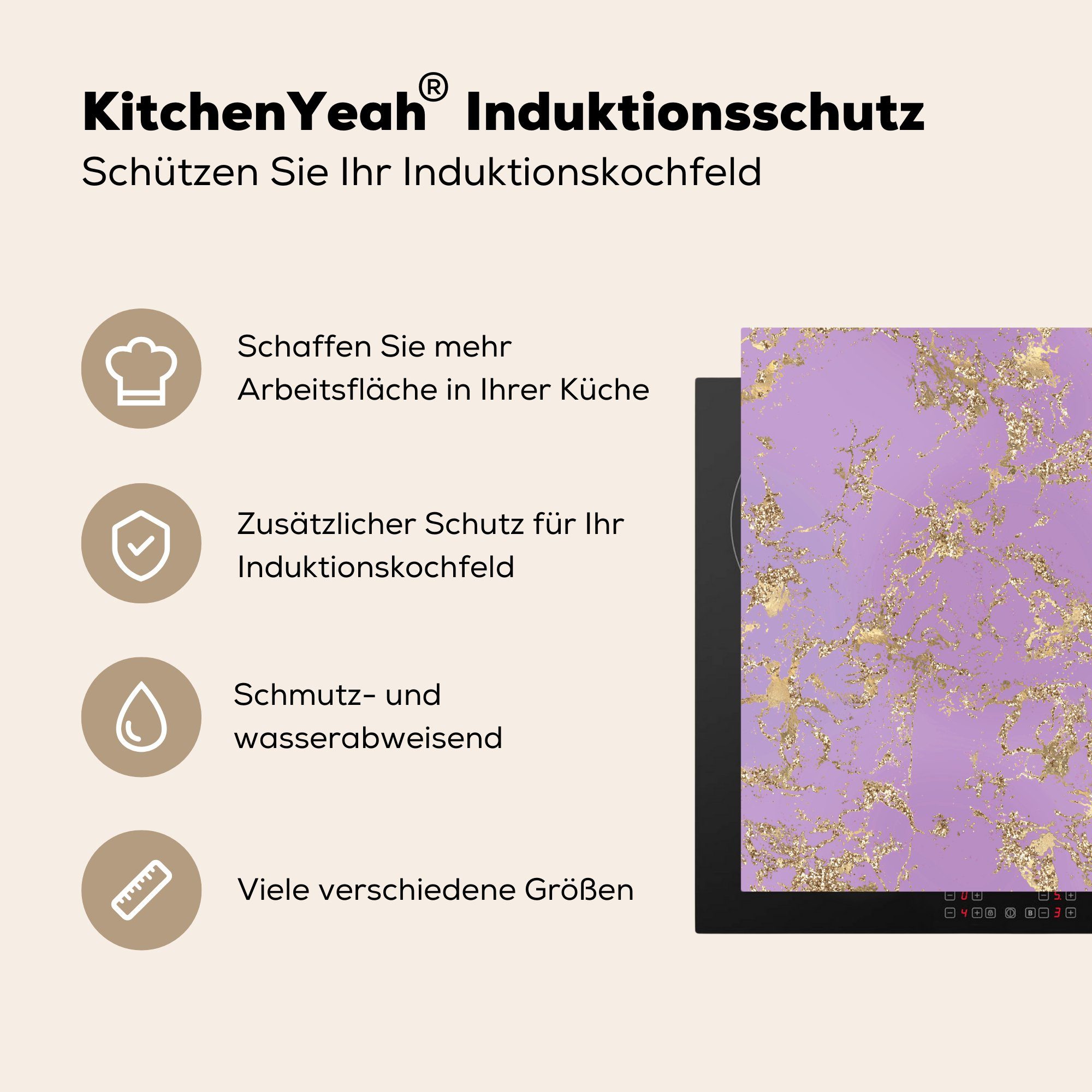 MuchoWow Herdblende-/Abdeckplatte Marmor (1 küche Arbeitsplatte - 78x78 tlg), Vinyl, Ceranfeldabdeckung, cm, für Lila - Gold