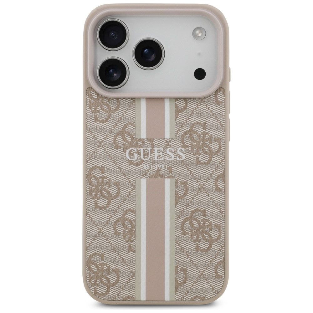 Guess Handyhülle Case iPhone 17 Pro MagSafe Kunstleder rosa Logo Streifen 6,3 Zoll, Kantenschutz