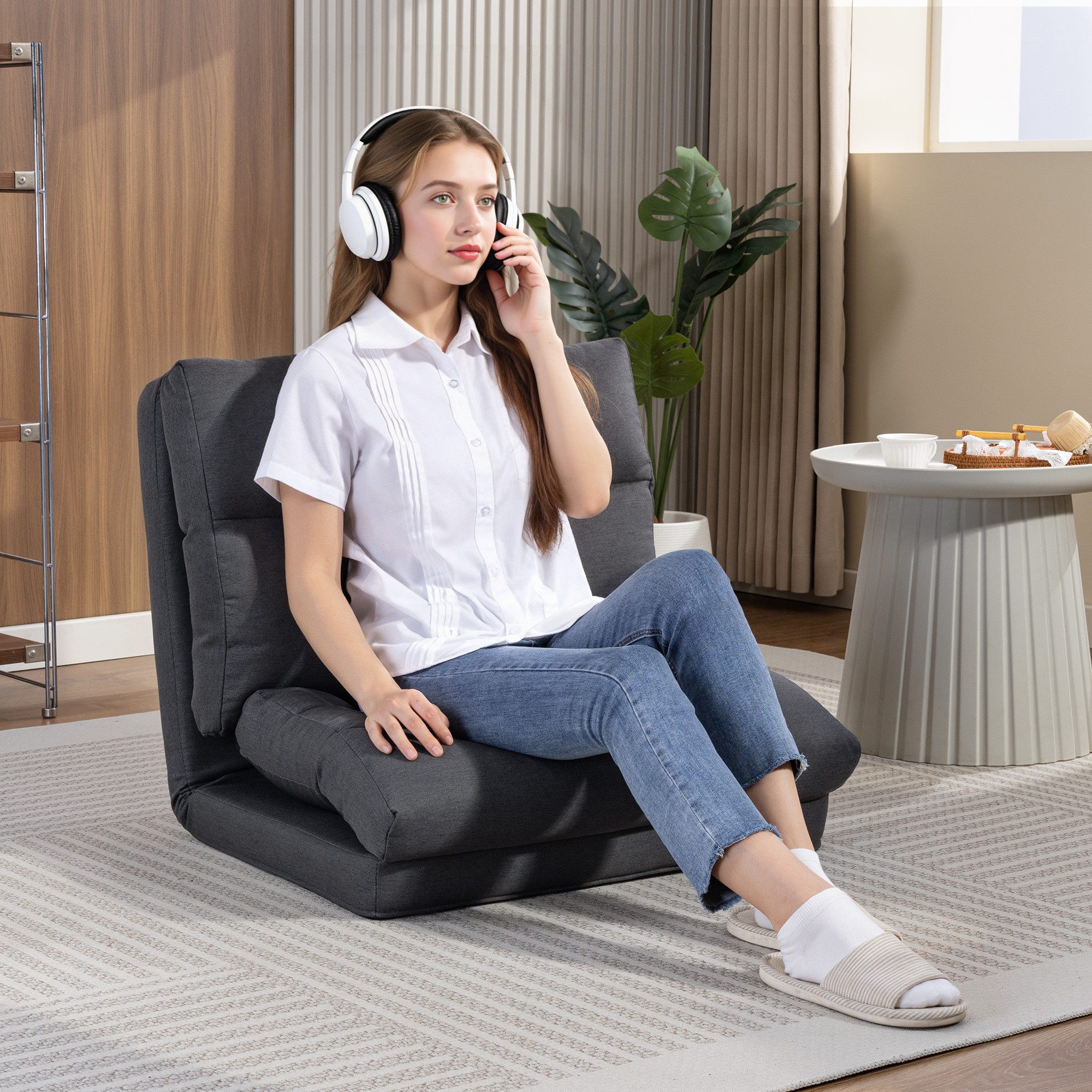 HOMCOM Bodenkissen mit Bettfunktion, Leinenoptik, für Wohnzimmer Schlafzimmer Dunkelgrau