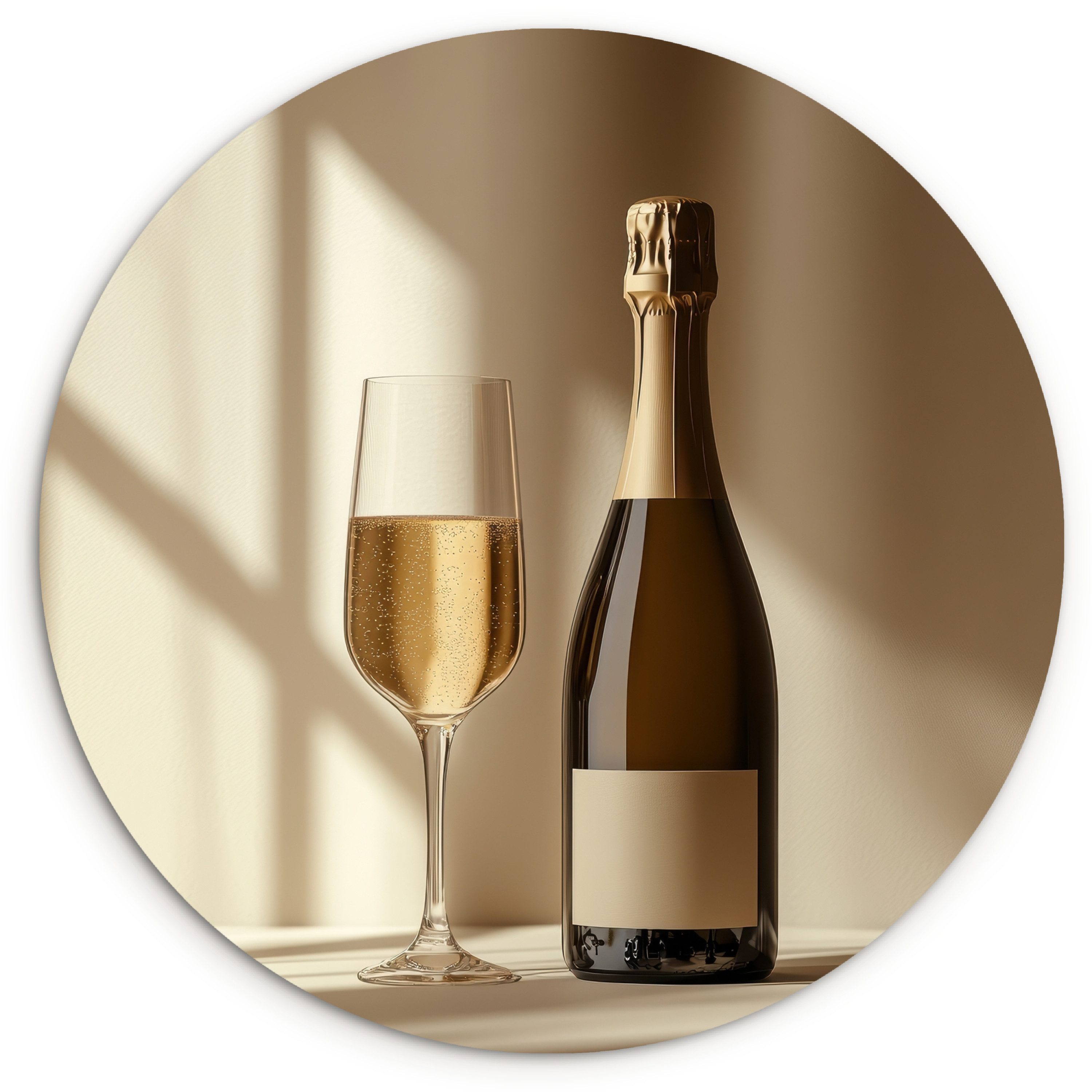 MuchoWow Gemälde Champagner - Beige - Schatten - Blasen, Fotodruck (1 St), Kreis Wanddekoration, Rundes Wandbild, 30x30 cm