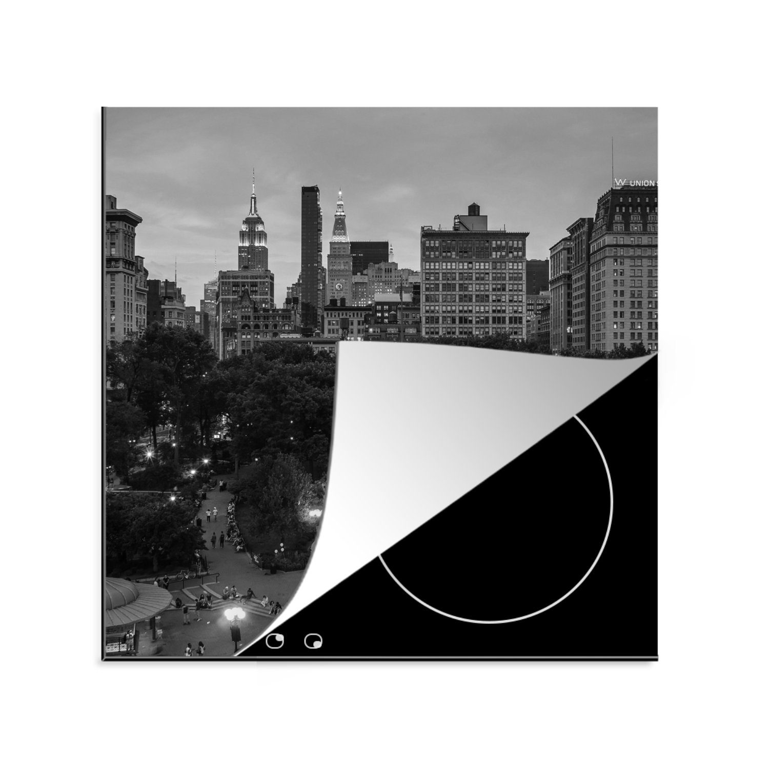 MuchoWow Herdblende-/Abdeckplatte Union Square New York - schwarz und weiß, Vinyl, (1 tlg), 78x78 cm, Ceranfeldabdeckung, Arbeitsplatte für küche