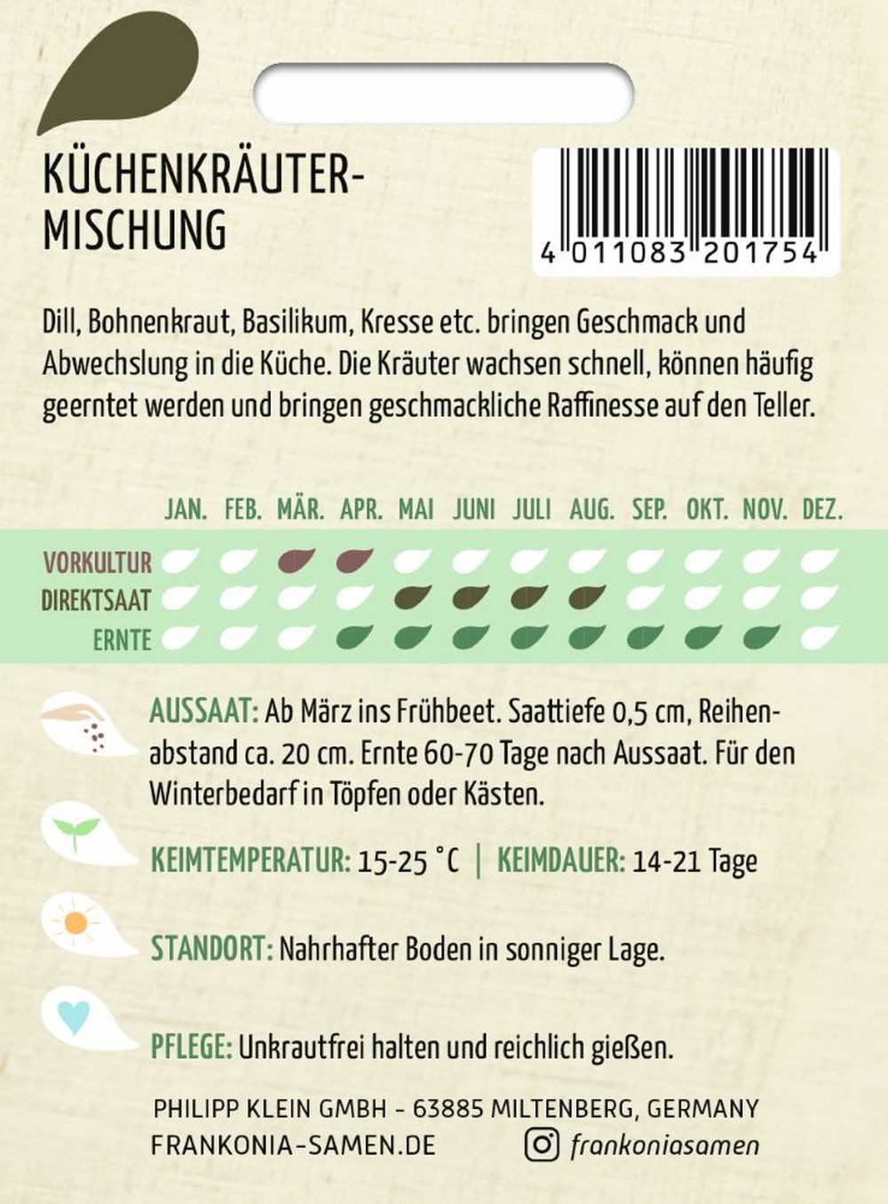 FRANKONIA Kräutersamen Küchenkräuter-Mischung Samen: Basilikum Bohnenkraut Dill Kresse