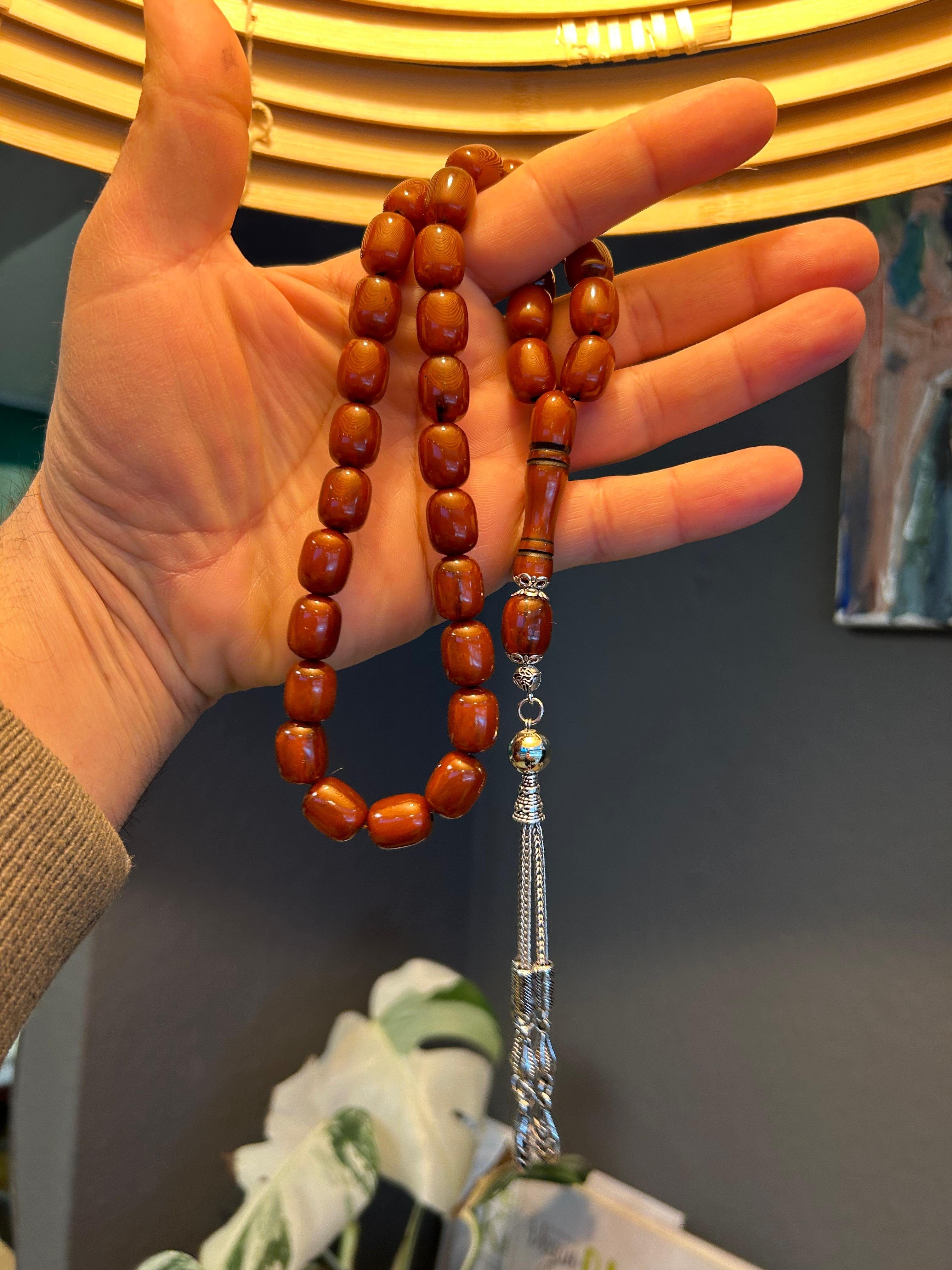 TesbihBid Kettenanhänger Braun Osmanli (Tesbih Misbaha islam Amber Subha Tasbih, Prayerbeads Bakalite faturan Gebetskette, Sandalous 33Tlg)