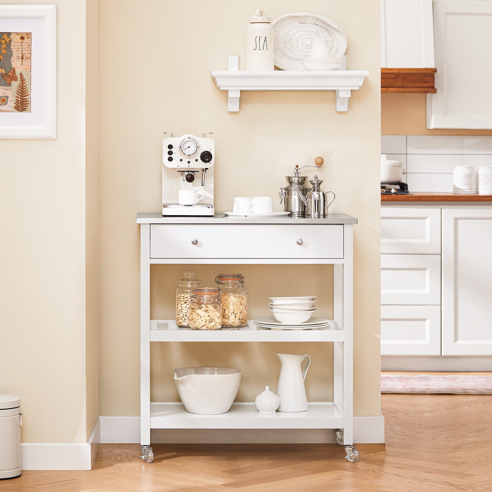 SoBuy Küchenwagen FKW47, Sideboard Flurschrank Servierwagen mit Edelstahlplatte