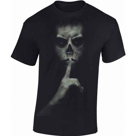 Baddery Print-Shirt Totenkopf Shirt - Pssst! - Horror Skull Halloween Death, hochwertiger Siebdruck, auch Übergrößen, aus Baumwolle