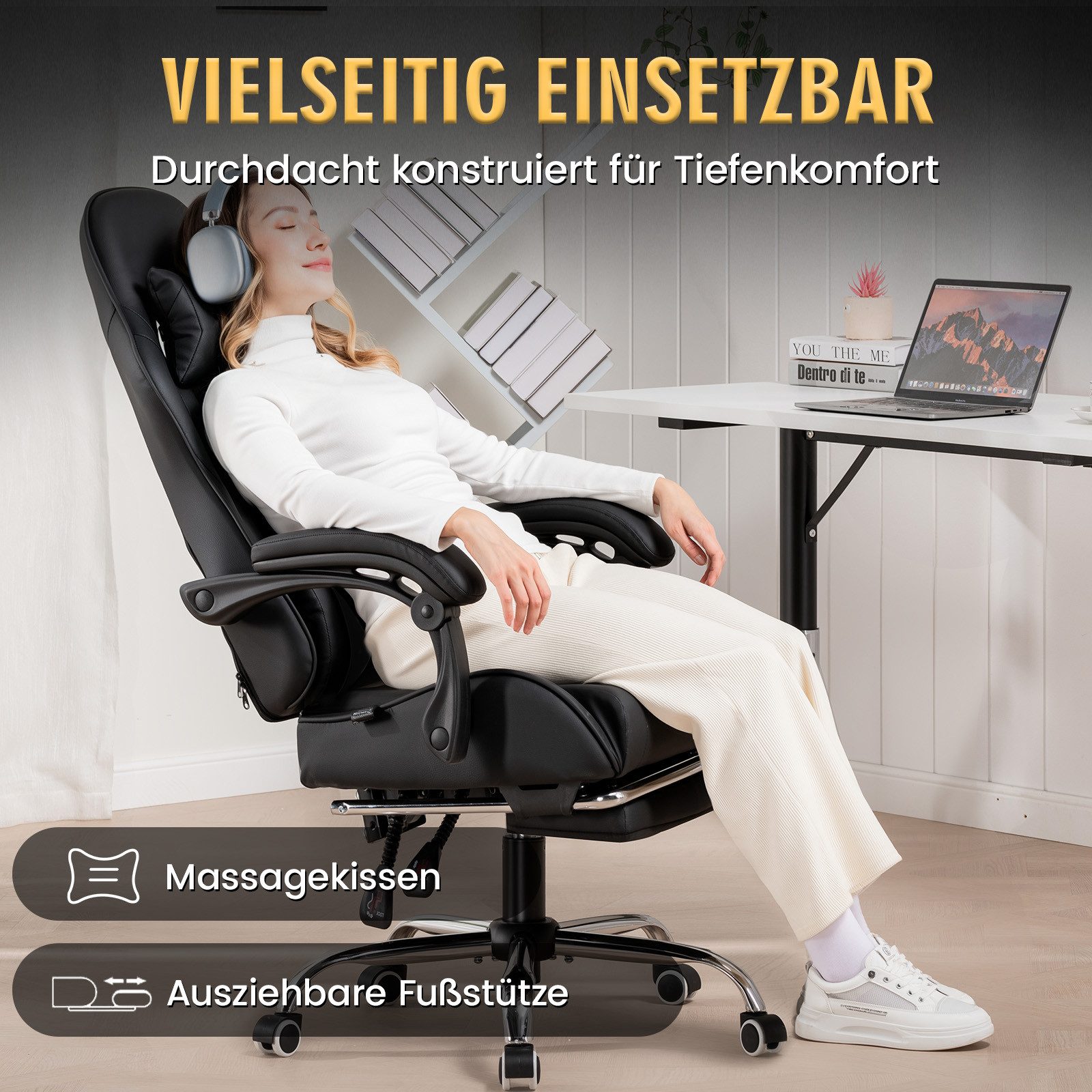 GTPLAYER Gaming-Stuhl Bürostuhl mit Massagefunktion, Fußstütze, Kopfstütze (Packung), Ergonomischer Gamer Stuhl Maximale Belastung 150 kg, 360° drehbar – Bild 5 von 5
