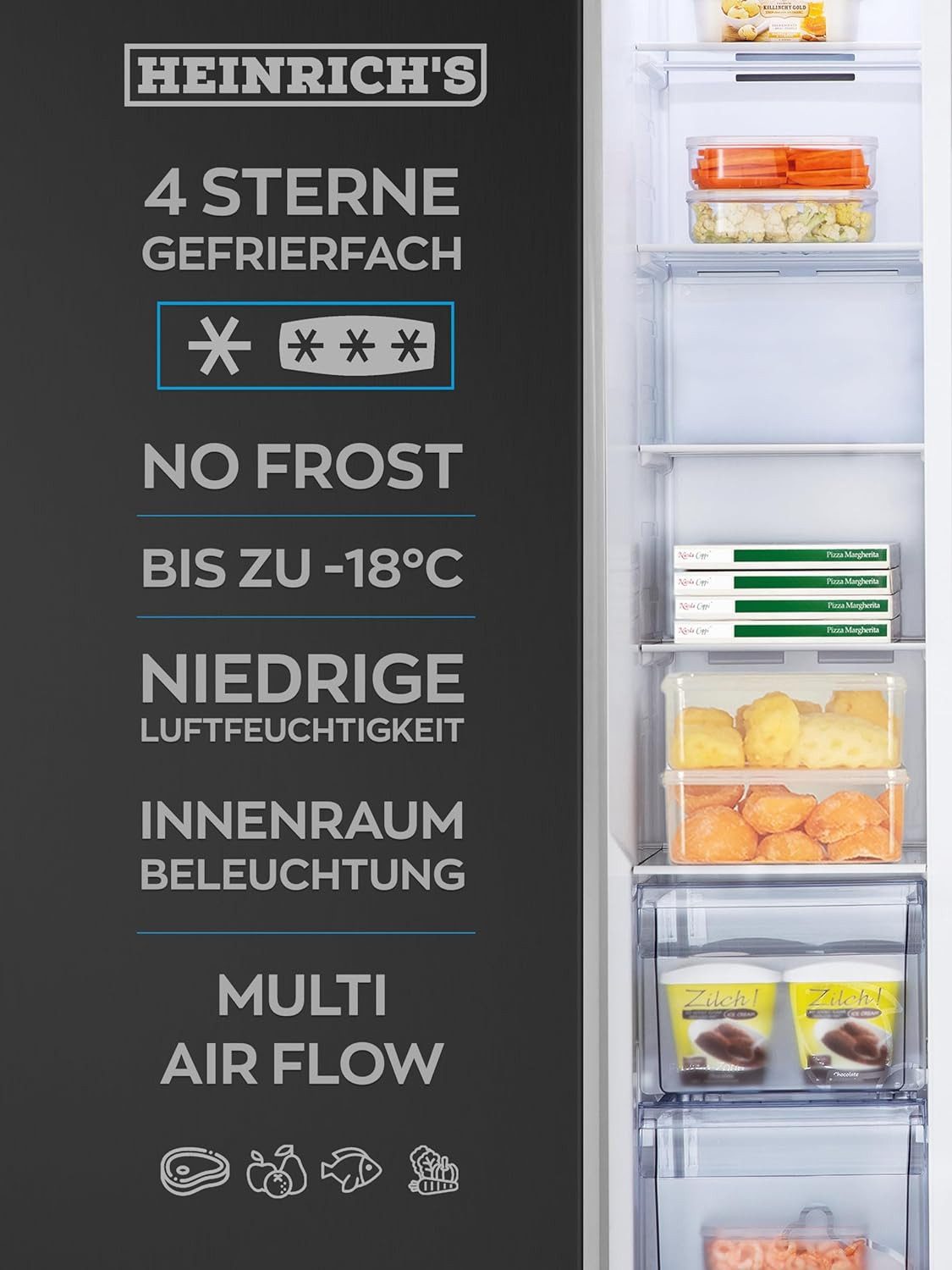 Heinrich´s Side-by-Side Kühlschrank HSBS 3097 SIX, 178 cm hoch, 91 cm breit, Kühlgefrierkombination Doppeltür Kühlschrank Total-No-Frost Funktion