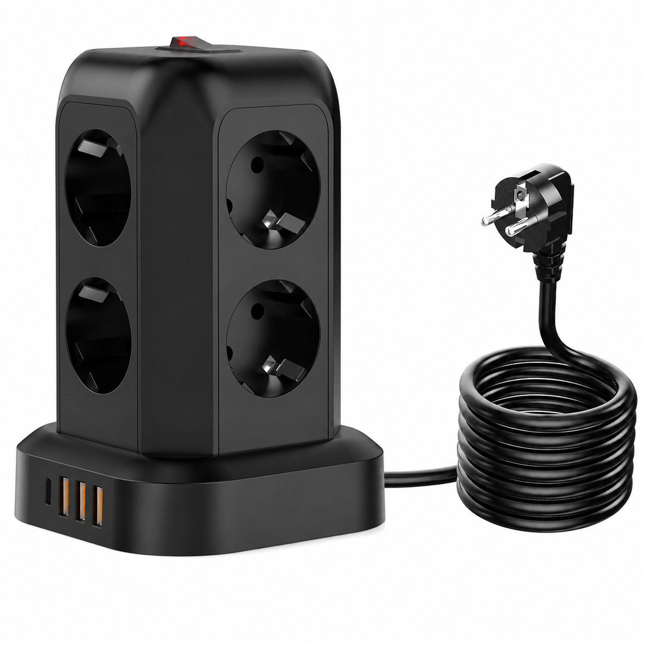 Fyrove 12-in-1 mit Schalter, 8-fach Steckdosenleiste mit 4 USB Anschlüssen Steckdosenleiste 8-fach (3×USB-A, 1×USB-C, 8× Steckdosen, 2500W, Überlastschutz, Überhitzungsschutz, Kabellänge 1,8 m), für Büro und Zuhause, (3 USB-A + USB-C)