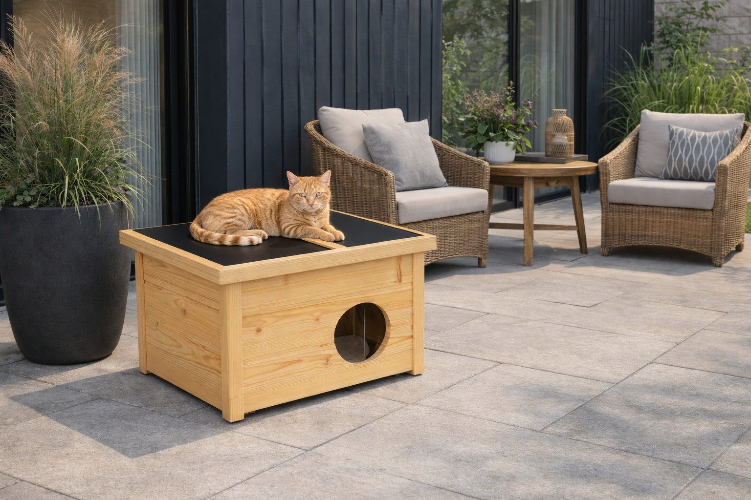 QLS Katzenhaus Outdoor Holz 40x50x37cm, klappbares Dach isoliert 2 cm Styropor, Vorhang, Holzleisten am Boden