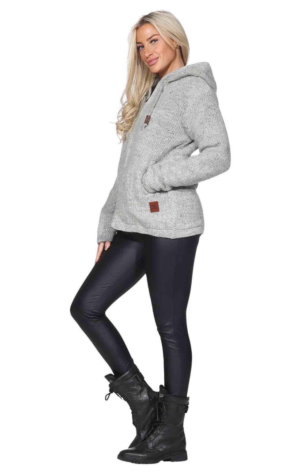 KUNST UND MAGIE Kapuzenstrickjacke Klassische Damen Strickjacke Wolle Jacke+Fleecefutter und Kapuze – Bild 5 von 5