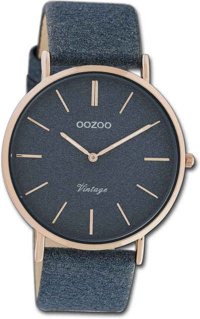 OOZOO Quarzuhr Oozoo Damen Armbanduhr Vintage Series, Damenuhr Lederarmband dunkelblau, rundes Gehäuse, groß (ca. 40mm)