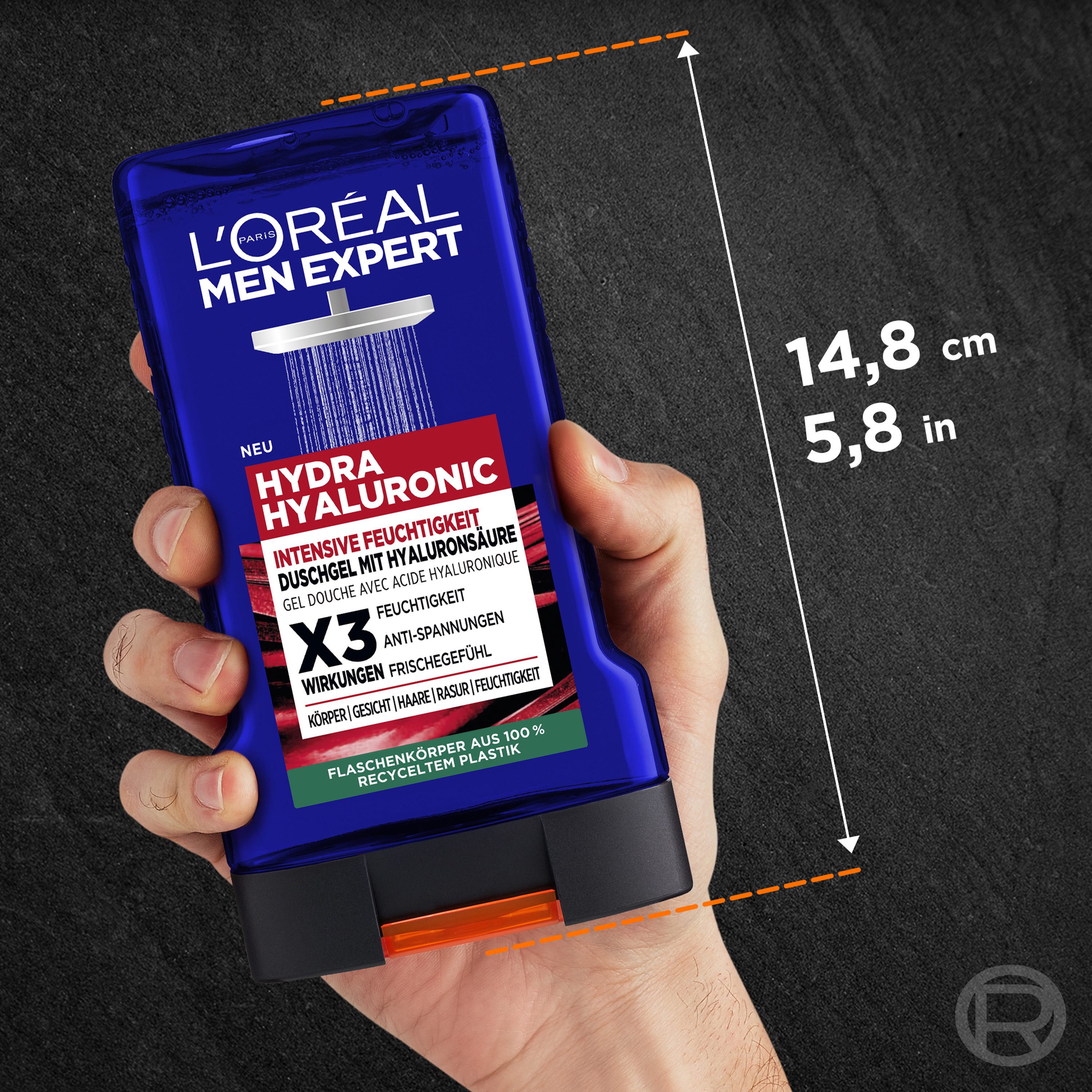 L'ORÉAL PARIS MEN EXPERT Duschgel L'Oréal Men Expert Hydra Hyaluronic Duschgel, 6-tlg., Feuchtigkeitsspendend, mildert Spannungen, mit Zitrusnote.
