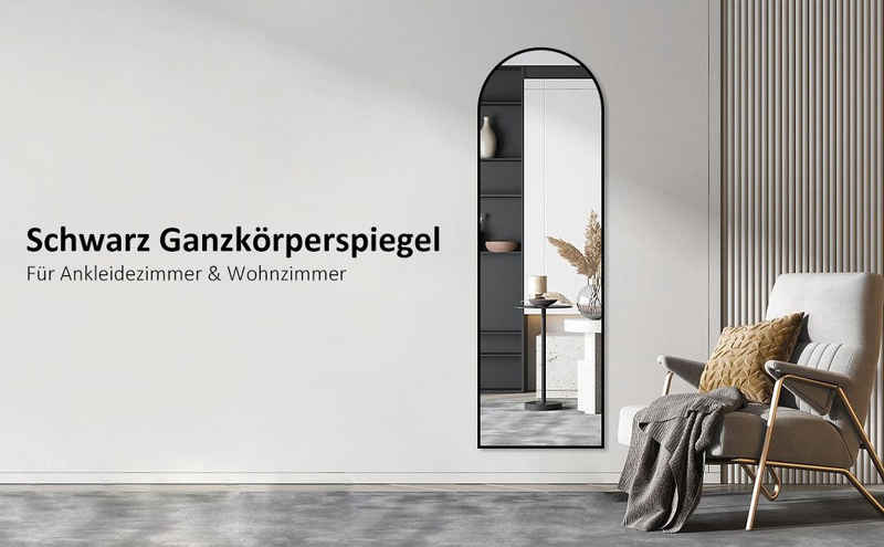 Boromal Spiegel groß 150x50cm Schwarz Wandspiegel Rund bogen Bodenspiegel Gross (Standspiegel Ganzkörperspiegel, mit Alu Rahmen), für Flur, Bad, Schlafzimmer,Wohnzimmer