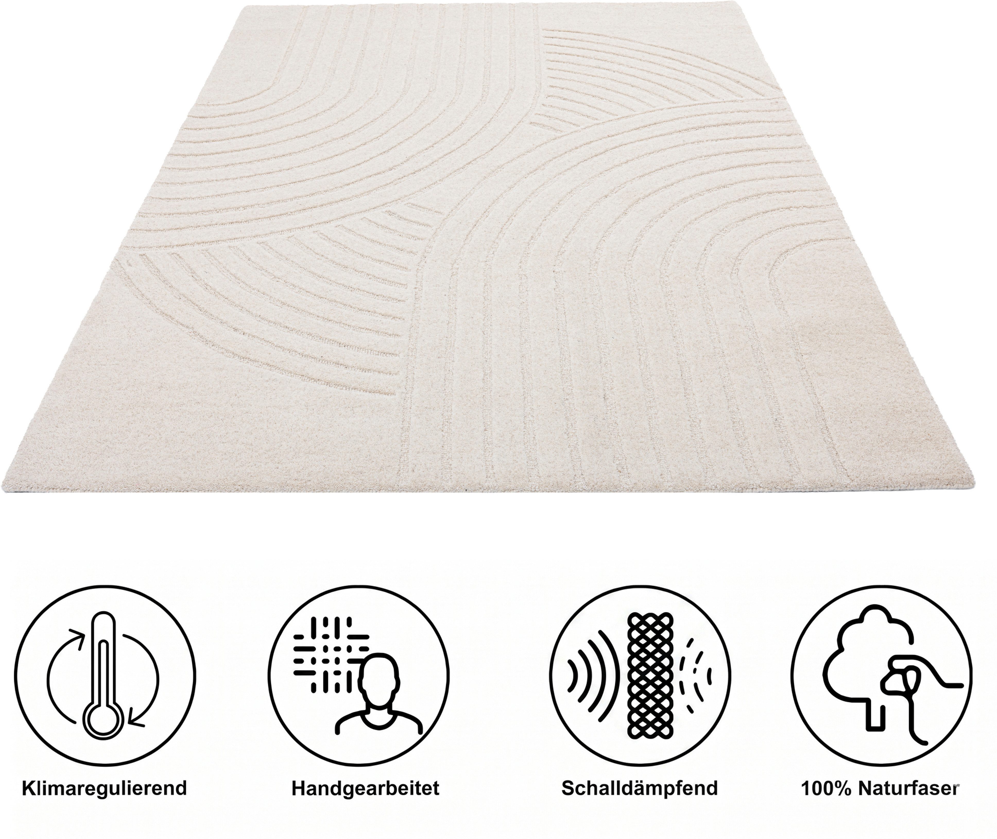 OTTO home Wollteppich Gabbo Design, Handgefertigt, Teppich, reine Wolle, rechteckig, Höhe: 14 mm, Hoch-Tief-Effekt, reine Wolle, Scandi-Look, Naturfaser