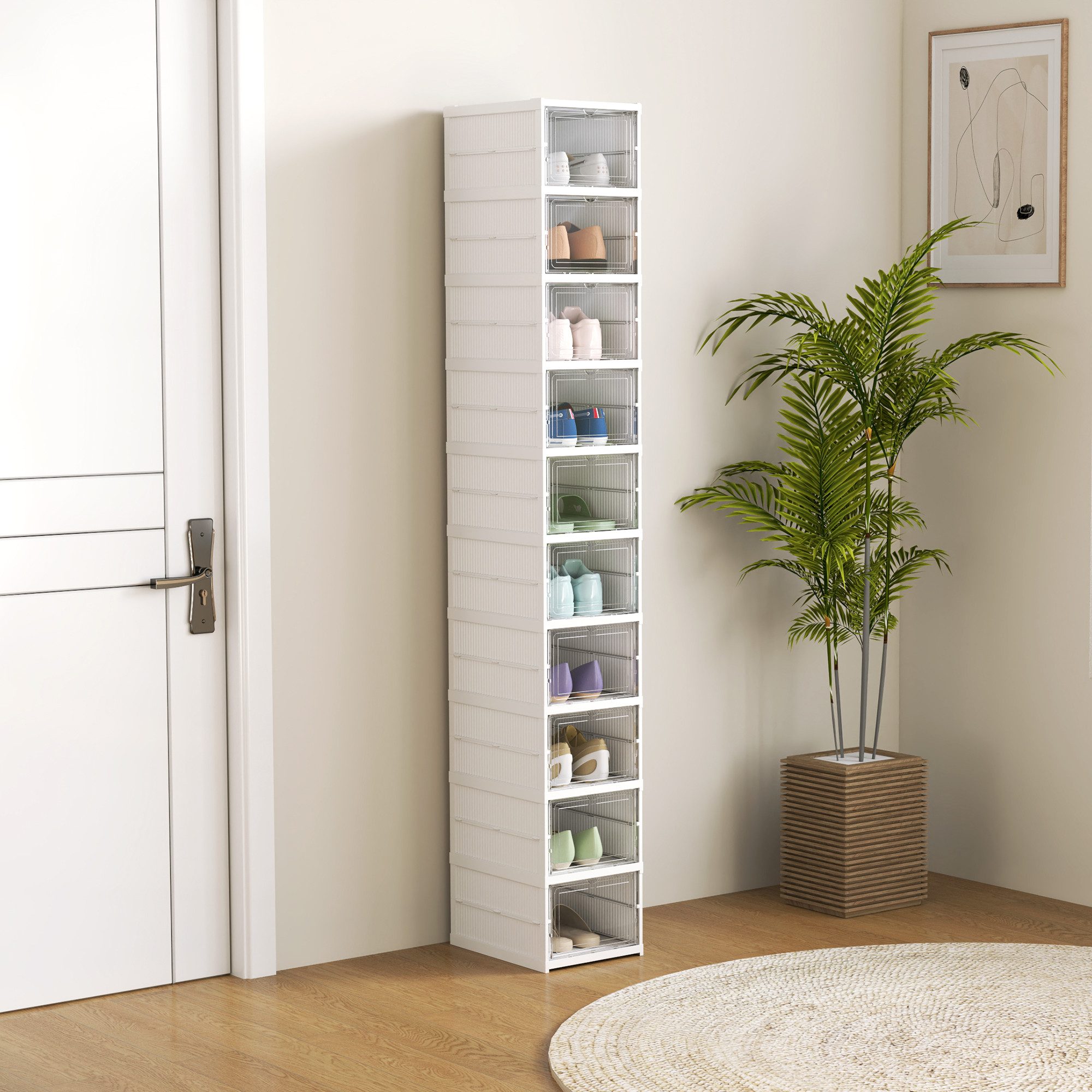 HOMCOM Schuhbox 10 Stück stapelbare und faltbare Schuh-Organizer, schmal Schuhregal (Platzsparend Schuhaufbewahrung, 10 St., Stapelbare und Faltbar Schuh-Organizer), faltbar, transparent, 10-stufig