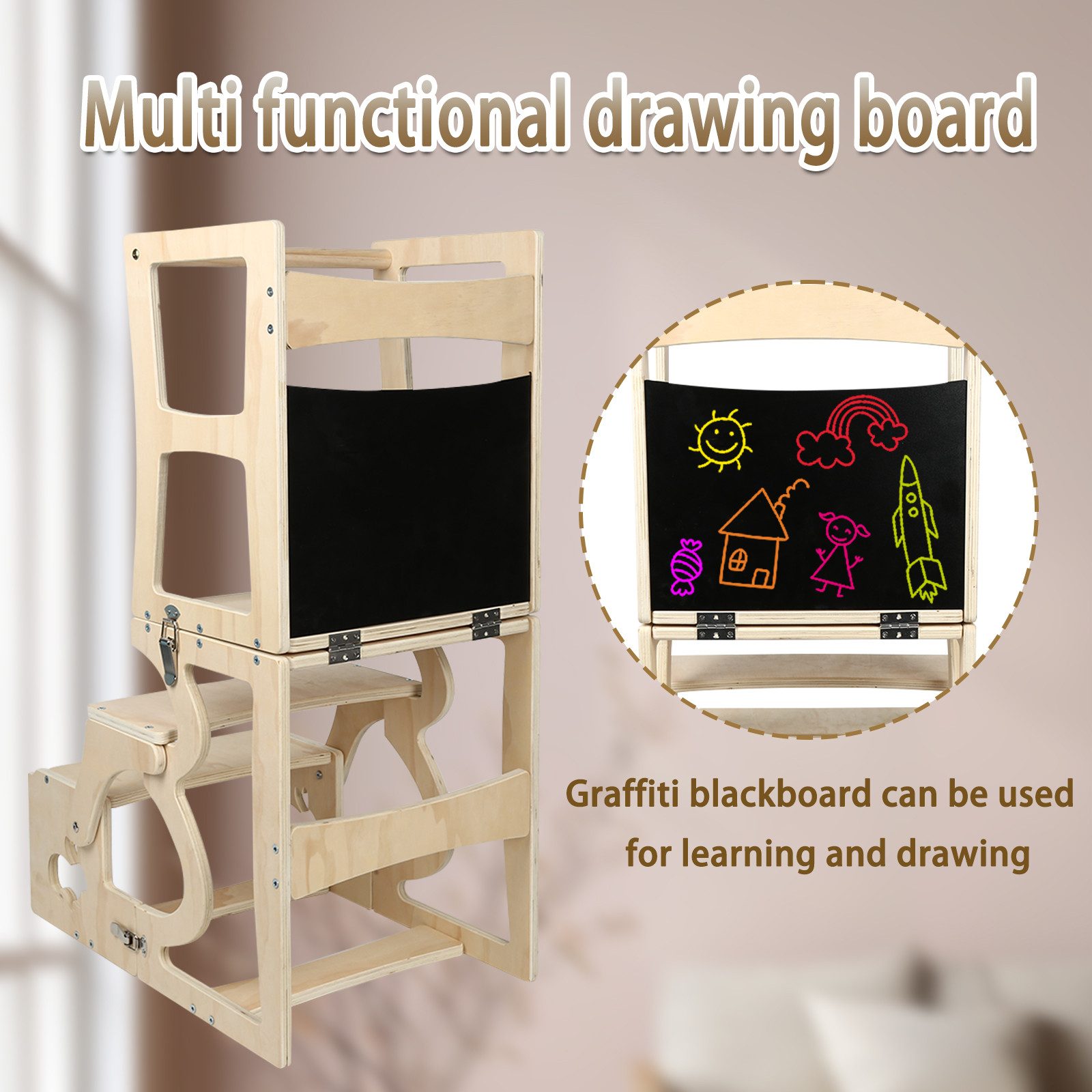JEOBEST Stehhilfe 3 in 1 Learning Tower für Kinder Küchenhelferturm, Klappbare Tritthocker mit Tafel, Kinderstuhl aus Holz – Bild 5 von 5