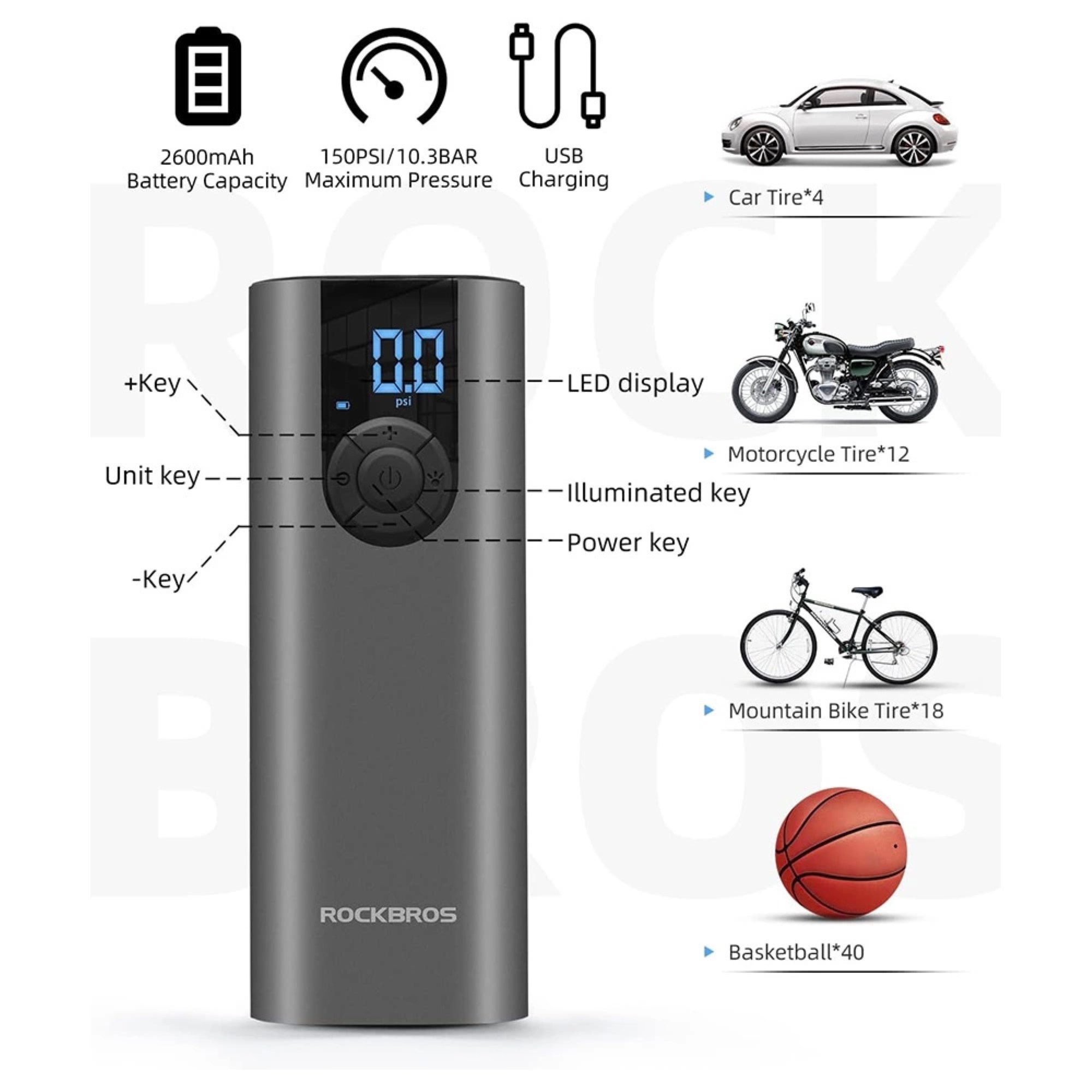 ROCKBROS Fahrradpumpe Elektrische Fahrradpumpe mit LED-Anzeige + USB-C – USB-A-Kabel