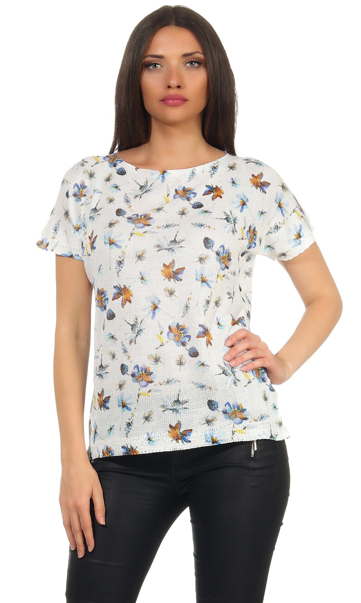 Mississhop Print-Shirt Damen weißes Shirt mit Blumen Tshirt Bluse 320