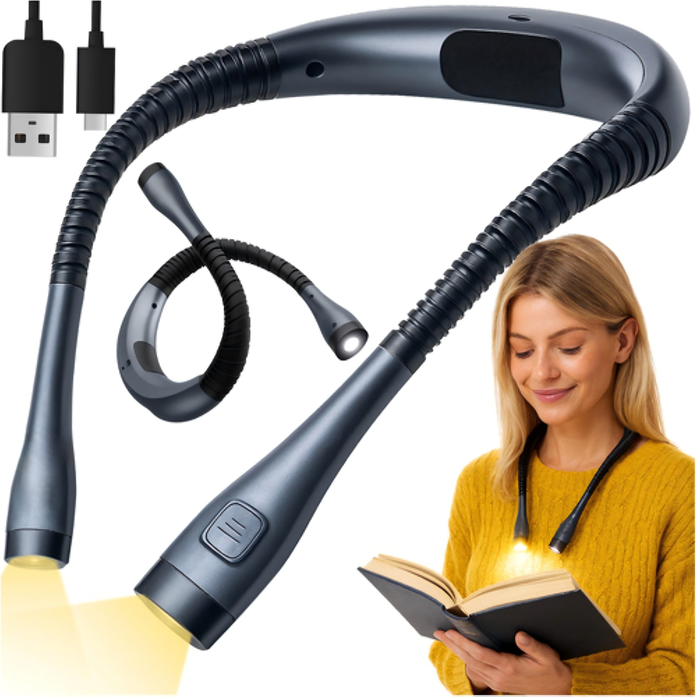 Fyrove LED Leselampe Nackenleuchte mit flexiblen Armen, Akku, Buchlicht für Lesen, Handarbeit, Camping und Reisen, 3 Lichtfarben, 3 Helligkeiten, flexible Arme, 1000-mAh-Akku