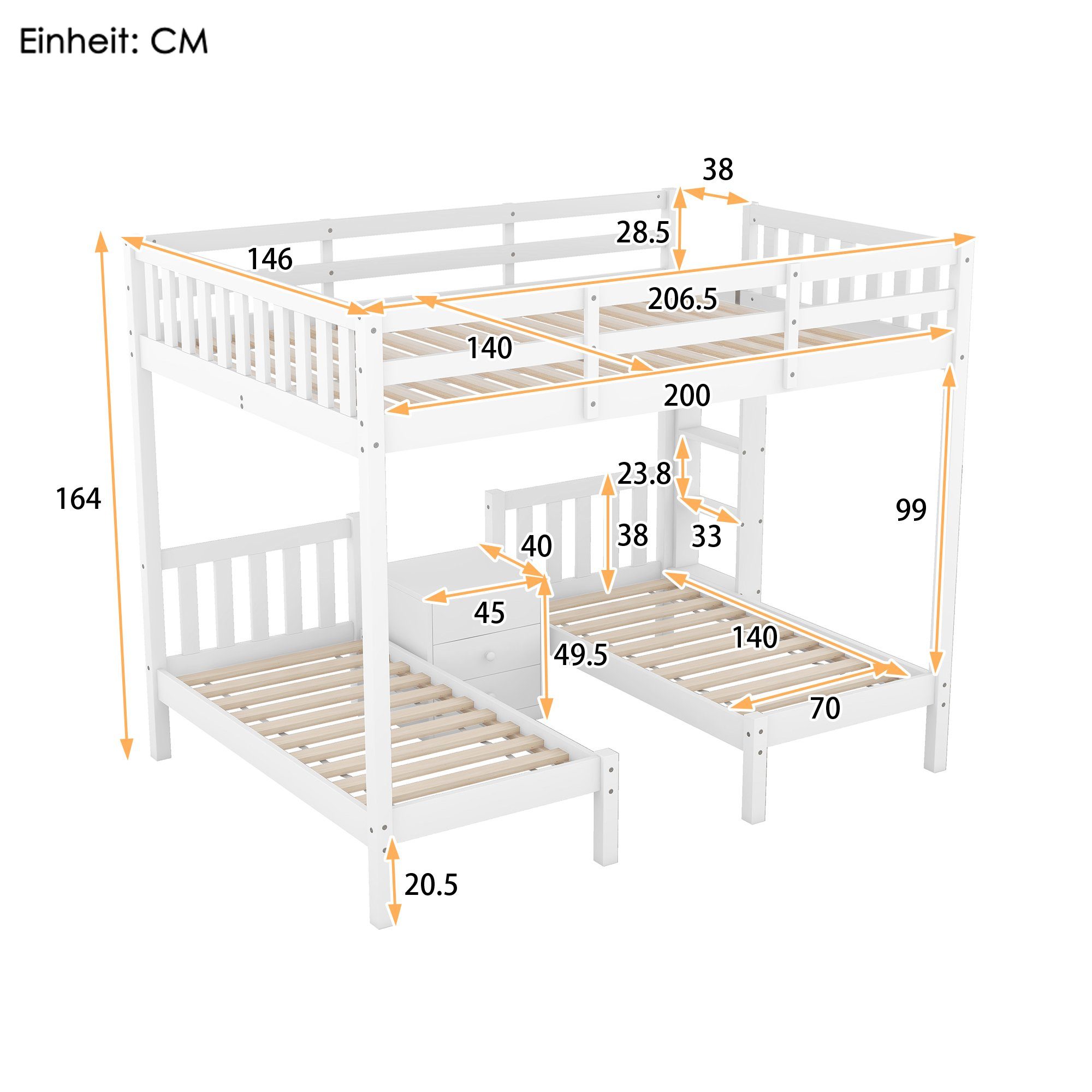 3 aus 140x200/70x140cm Kinderbett Etagenbett Weiß mit Kiefer (3-St) und Merax Liegeflächen, Nachttisch, Rausfallschutz mit Hochbett Leiter