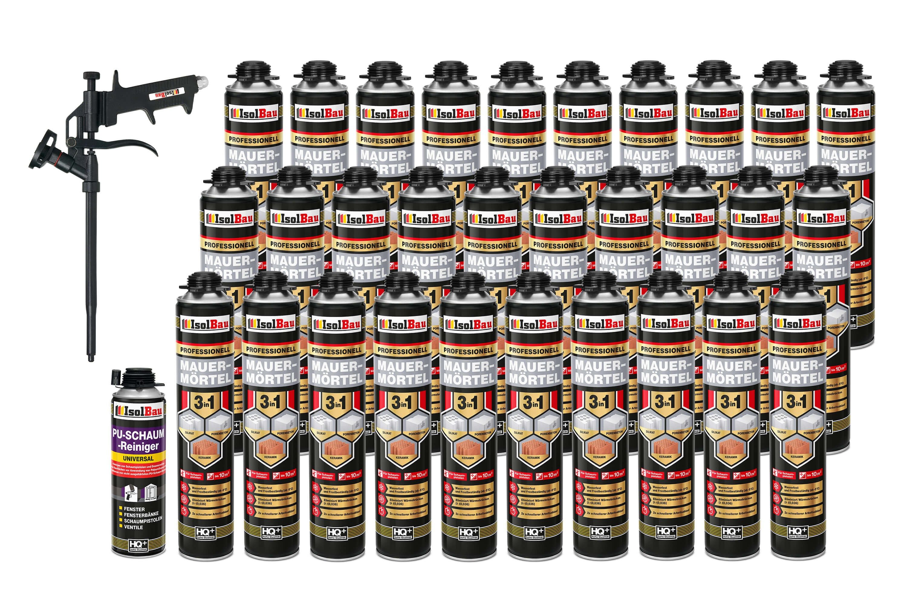 None Montagekleber Mauermörtel 30 x 750ml SET Teflon Schaumpistole Montageschaum, PU Schaum 750 ml, Reiniger 500 ml, Schaumpistole