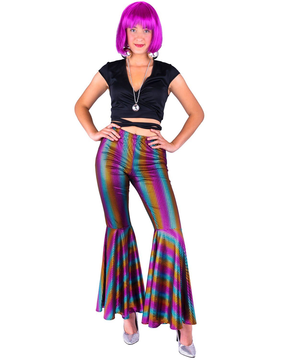Funny Fashion Kostüm Pailletten Disco Hose 'Regenbogen' für Damen, Meh