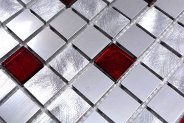 Mosani Mosaikfliesen Mosaik Fliese Aluminium Glasmosaik silber rot Fliesenspiegel
