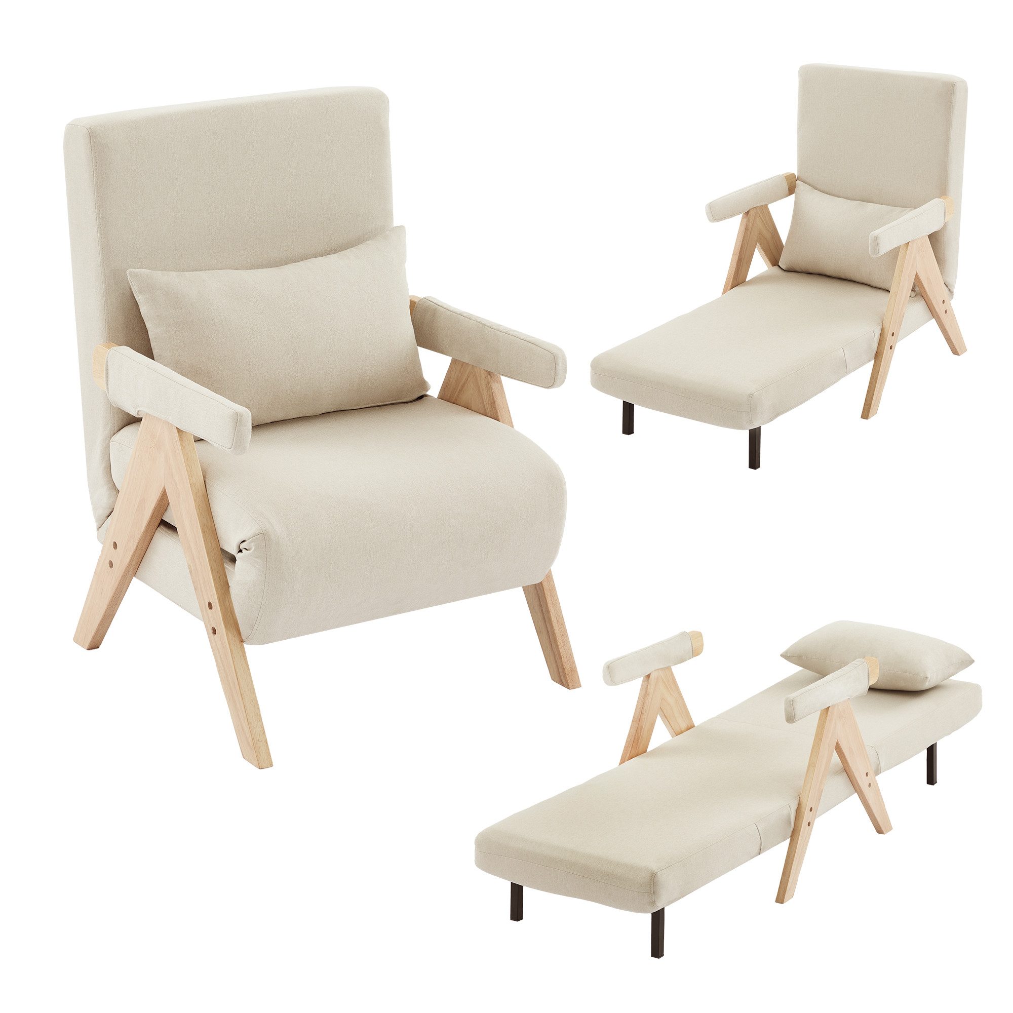 Merax Loungesessel 3-in-1 Klappbarer Umbausessel mit Schlaffunktion (6-fach verstellbare Rückenlehne, 1-St., Polstersessel Einzelsessel Einzelbett), Schlafsessel mit verstellbarer Rückenlehne & Massivholzfüße, Leinen