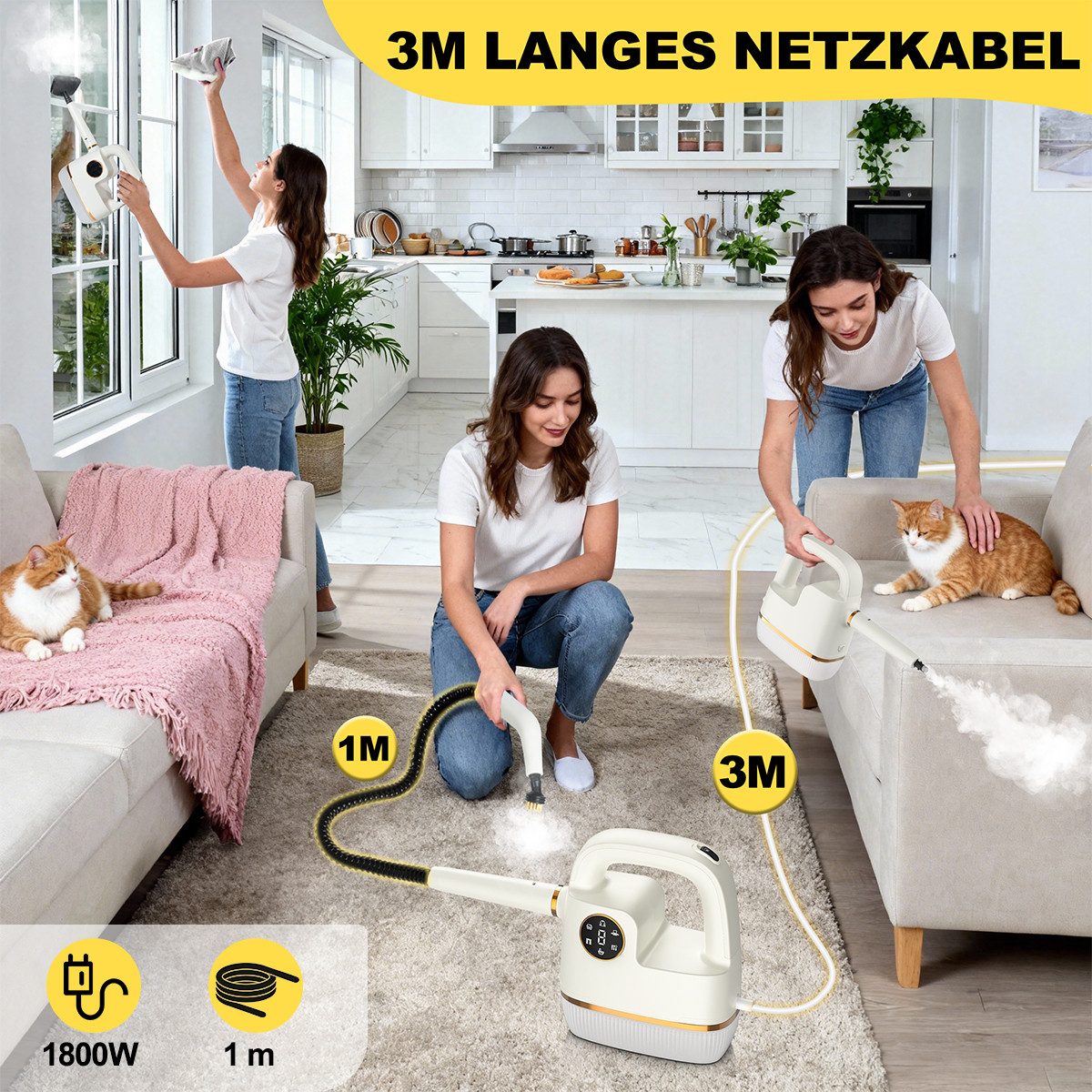 Novzep Handdampfreiniger 10 in 1 Dampfreiniger, Dampfsauger, Steam Cleaner, 4 bar, 1800 W, 350ml Wassertank, Reinigung mit einem Klick& Abnehmbar Wassertank,LED Display