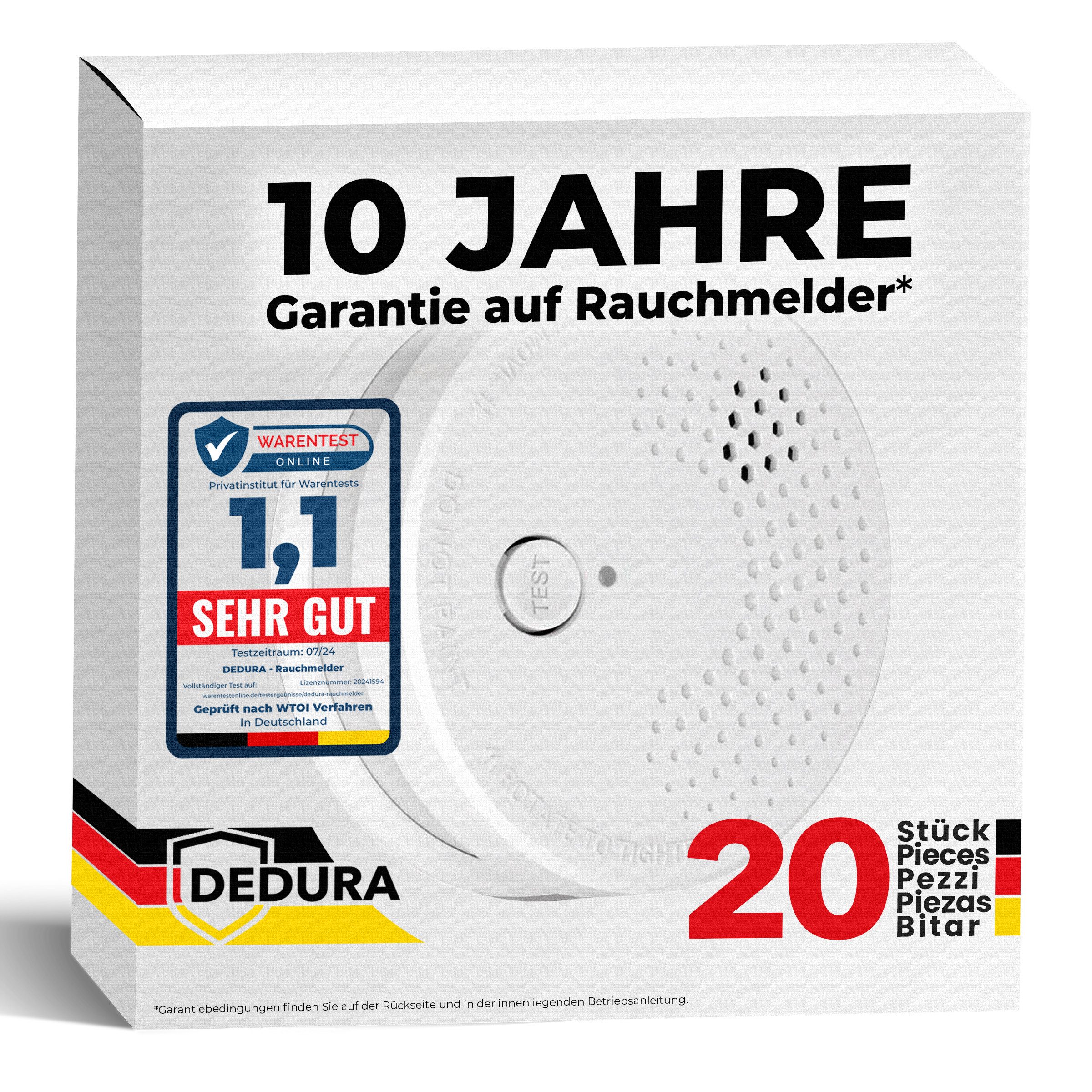 dedura Rauchmelder (10 Jahre Garantie BSI Zertifiziert nach DIN EN14604 inkl. 9V Batterie)