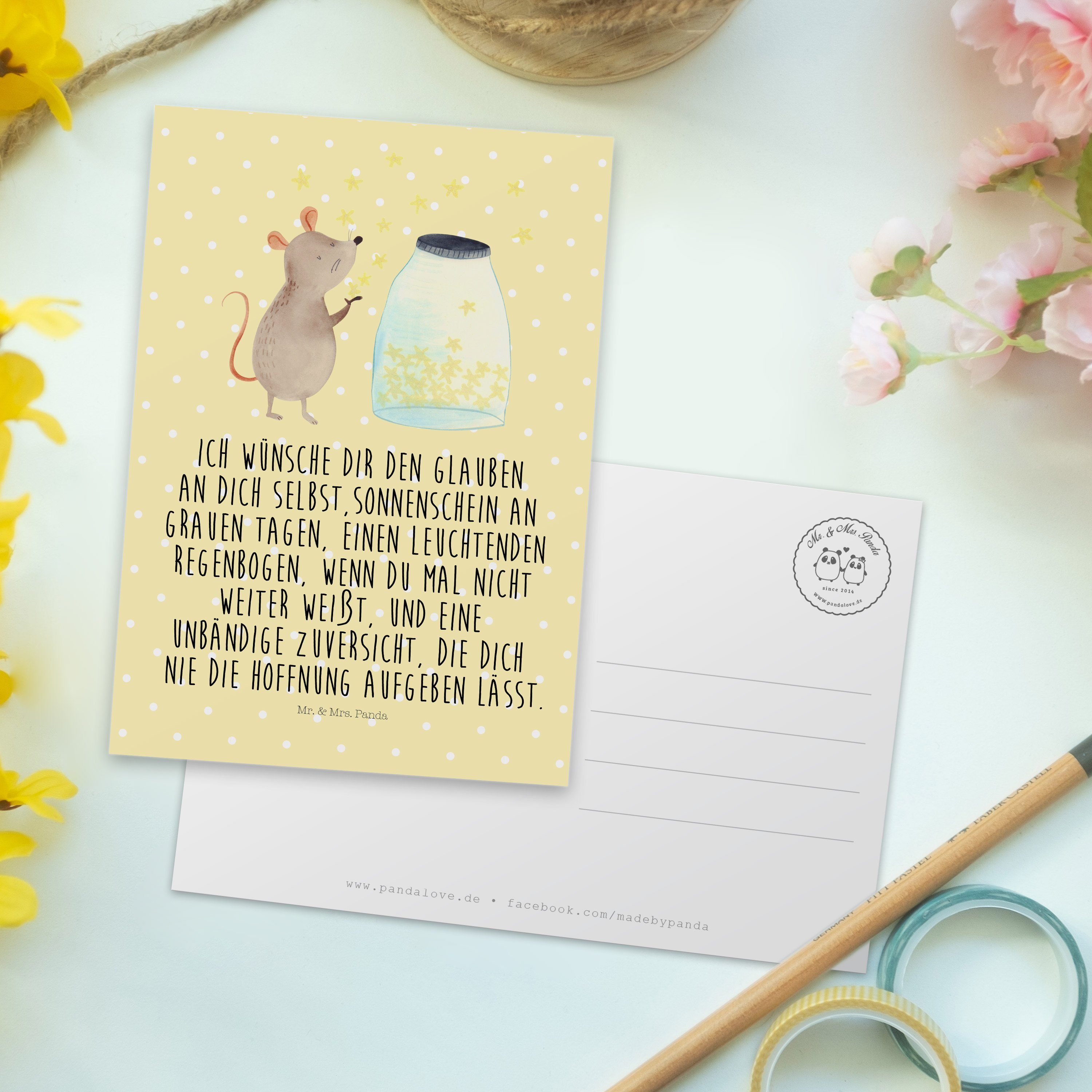 Mr. & Maus Panda Ansichtskarte, Grußkarte, Geschenk, Pastell Tier - - Gelb Postkarte Sterne Mrs