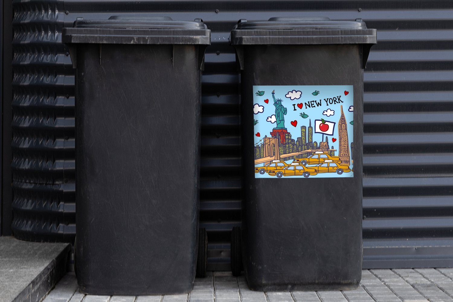 MuchoWow Wandsticker New York - (1 - Mülleimer-aufkleber, St), Brücke Mülltonne, Container, Zeichnung Abfalbehälter Sticker
