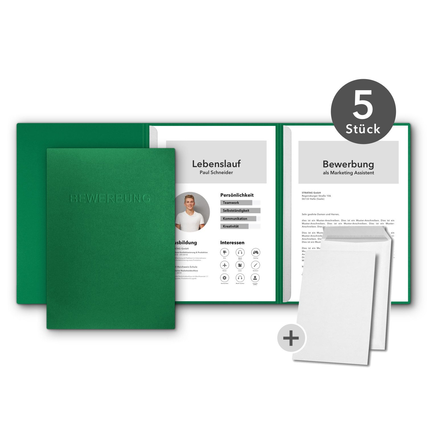 STRATAG Bewerbungsmappe favorit - 5 Stk. 3-tlg mit 2 Klemmschienen - Naturkarton mit Umschlag (Set, 5-St., mit hochwertiger Prägung "BEWERBUNG), direkt vom Hersteller STRATAG - handgefertigt in Deutschland