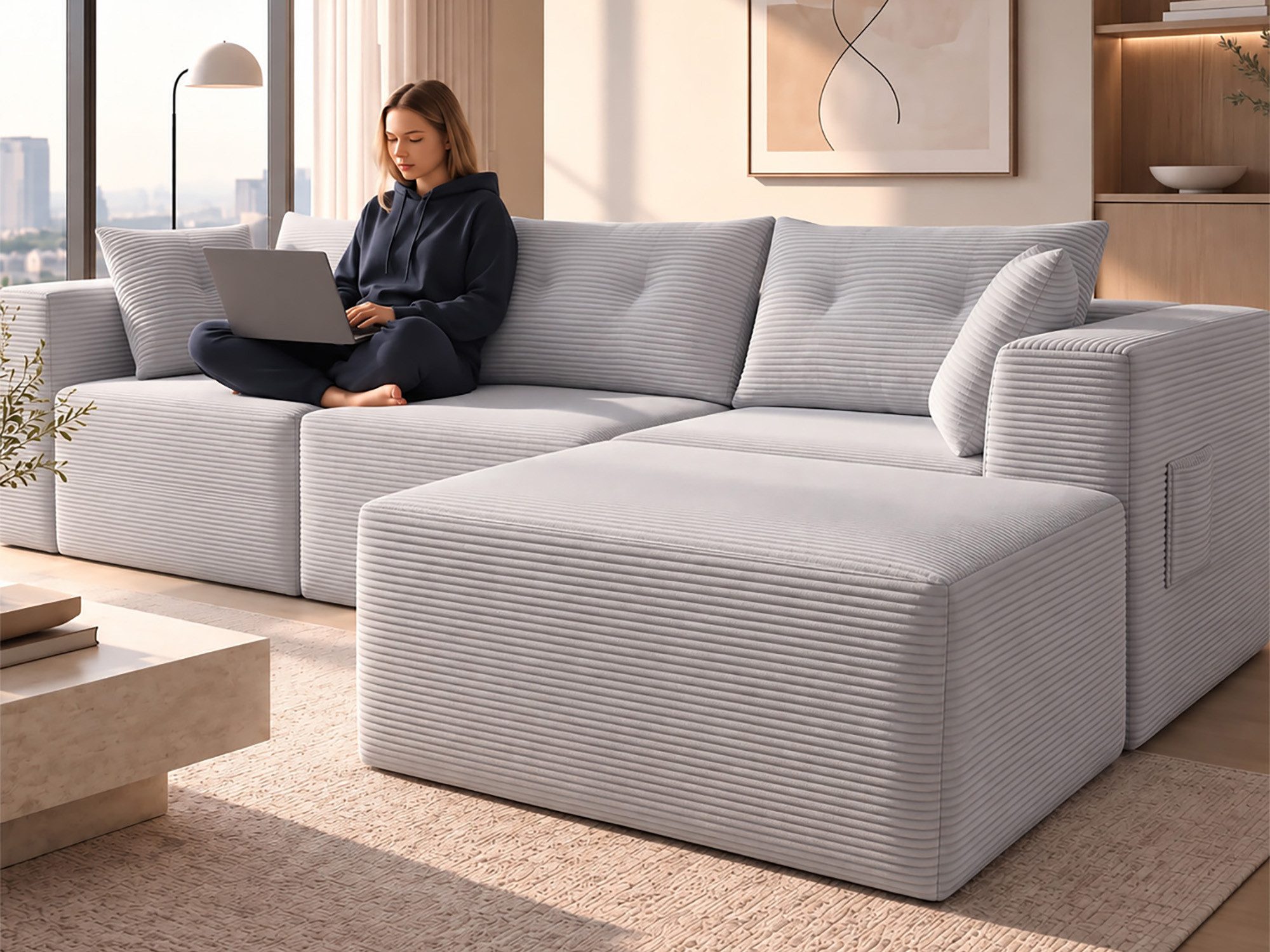 GLP Sofa Ecksofa aus Cord mit Taschenfederkern, 254 cm, 70 cm Sitztiefe, 3-Sitzer mit Hocker und 5 Kissen, 4 flexibel kombinierbare Module, kein Aufbau erforderlich, kompakt für Wohnzimmer, Schlafzimmer