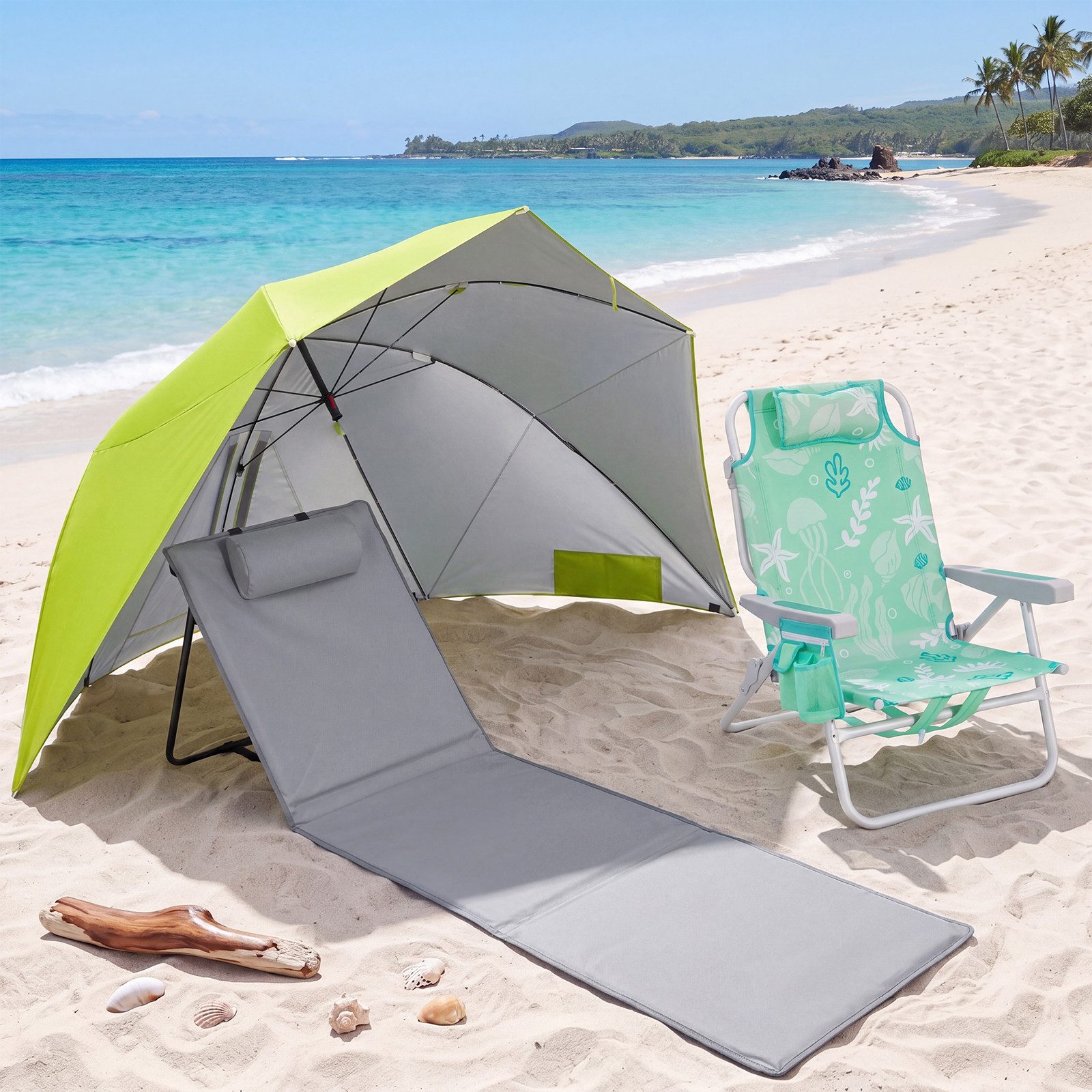 HOMECALL Strandmuschel sonnenschirm strand&strandstuhl klappbar leicht&Strandmatte Strand Set, Personen: 2 (mit umbrella system UV-resistentes 50+ Khaki für 2-3 Personen, große Kühltasche und Aufbewahrungstasche)