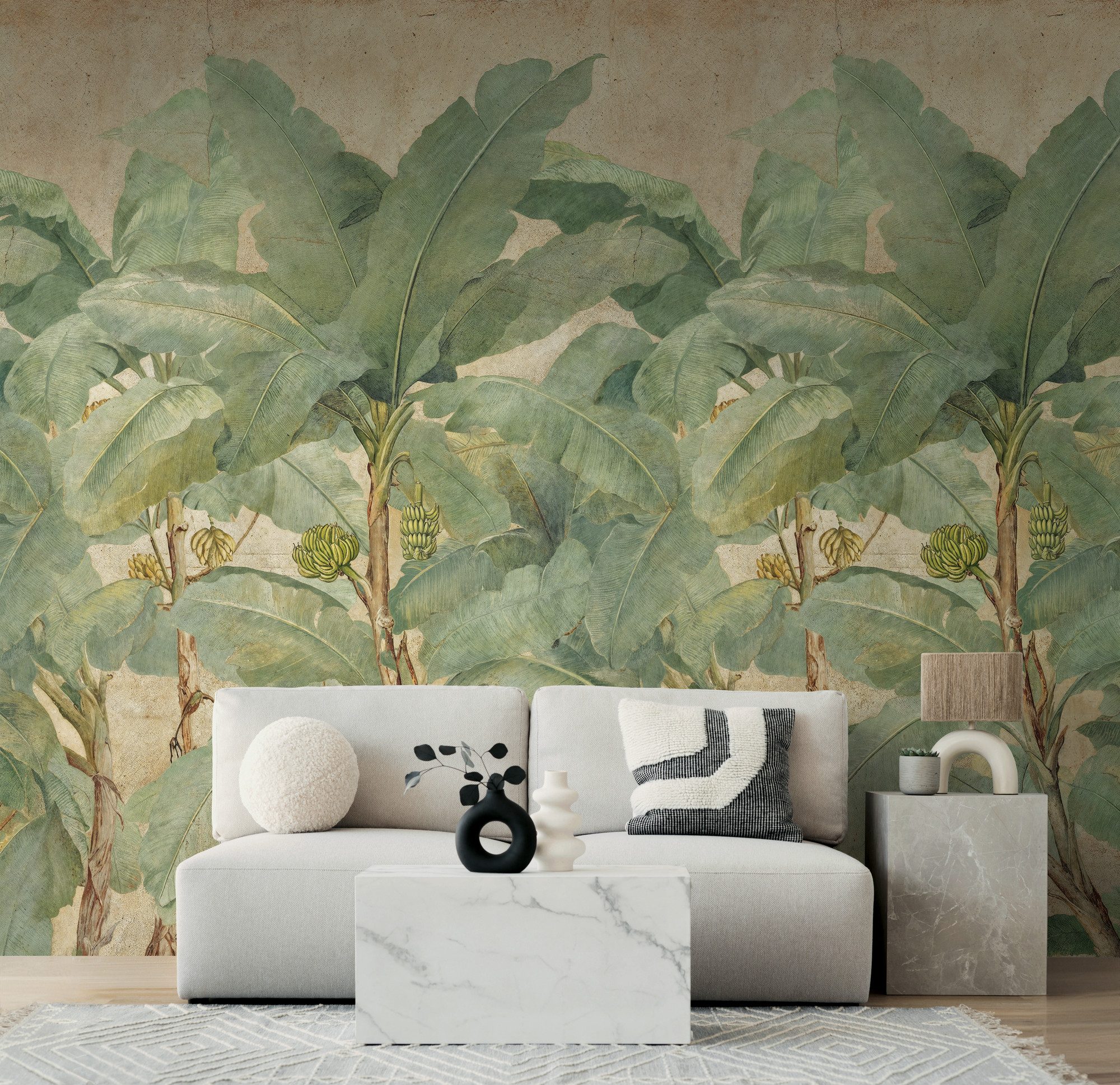 living walls Fototapete The Wall 4 Botanic – Bananenbäume im Vintage-Stil Vlies-Fototapete, leicht strukturiert, matt, tropisch, botanisch, (1 St), Bananenbäume im Vintage-Stil mit dekorativer Tiefenwirkung