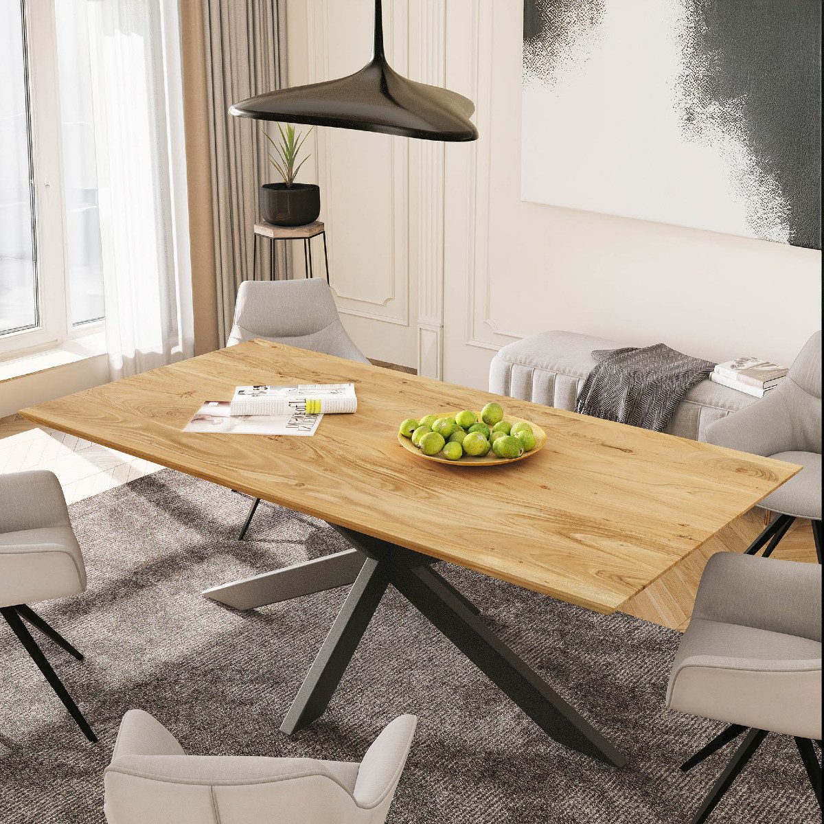 Liadomo Esstisch Luzern, Tischplatte mit Schweizer Kante aus Akazienholz massiv, Metallgestell